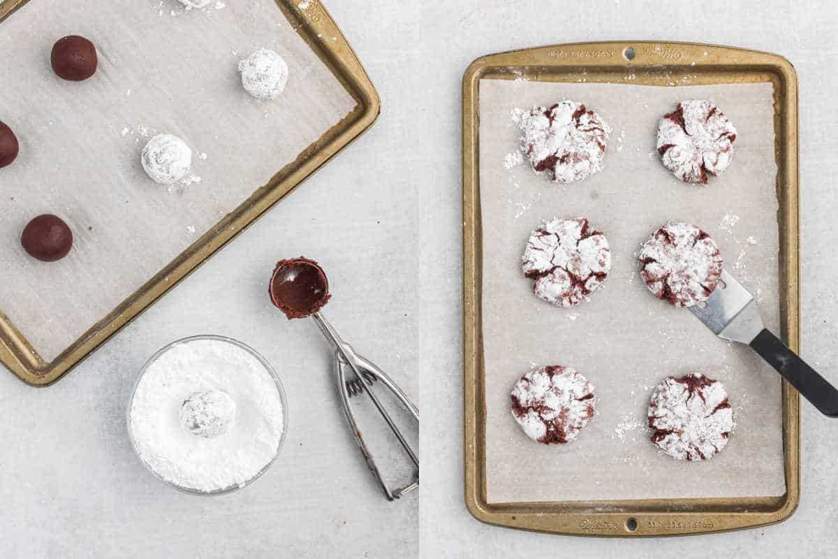 Step by step photos showing how to coat crinkle cookies.