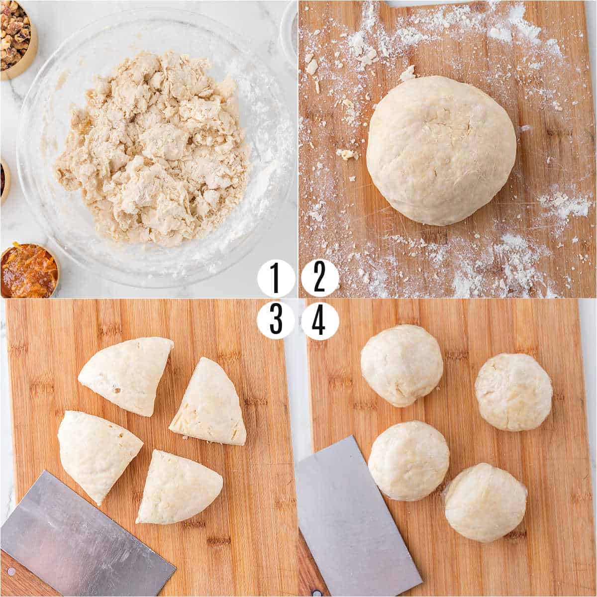 Step by step photos showing how to make rugelach dough.