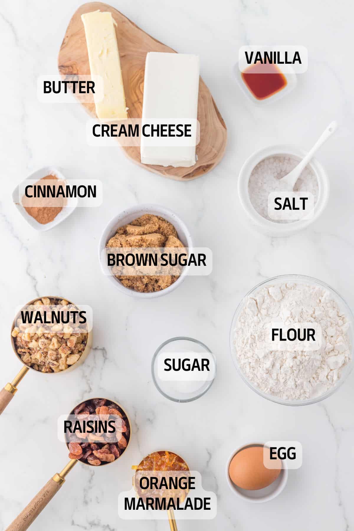 Ingredients needed to make rugelach cookies.