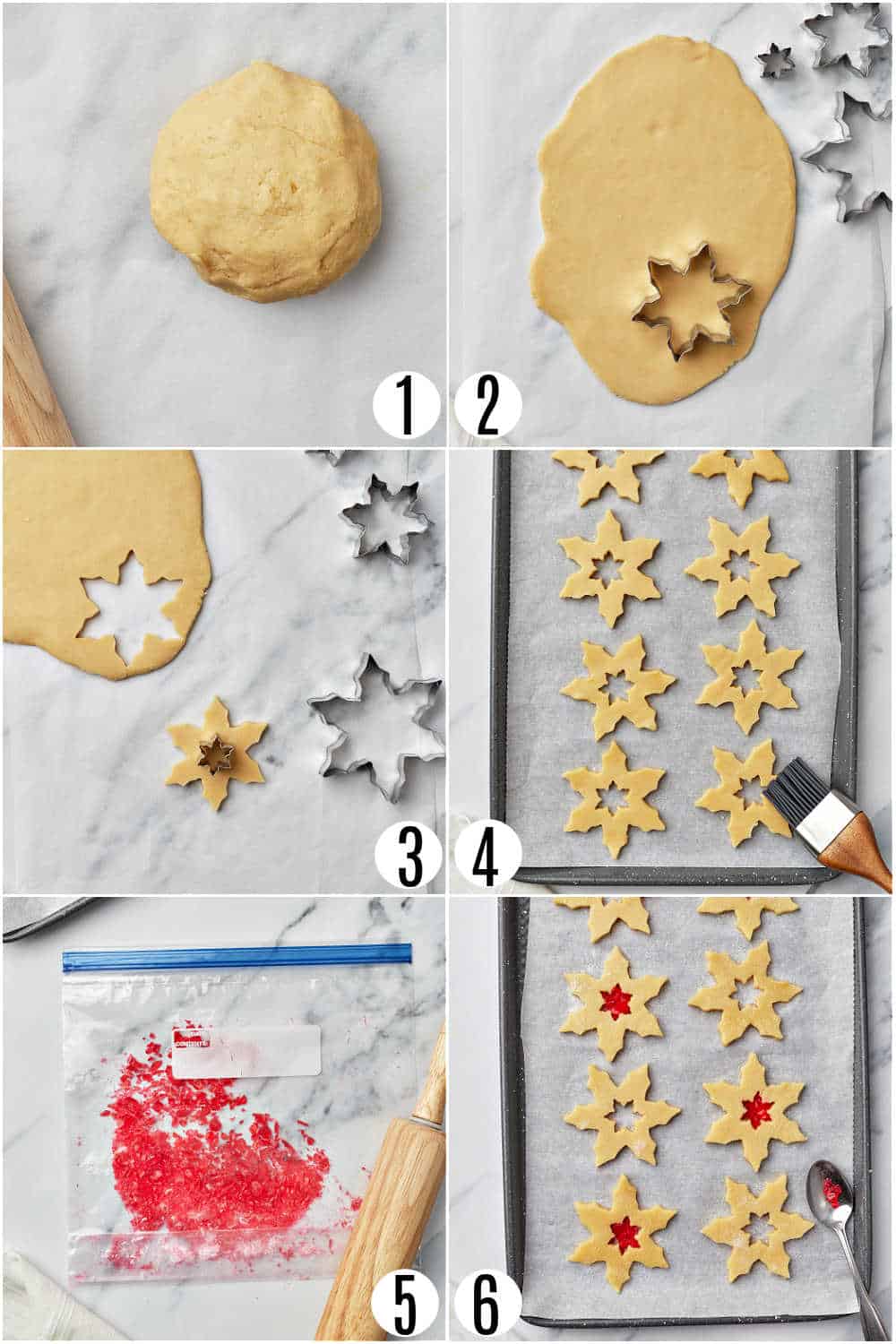 Step by step photos showing how to make stained glass cookies.