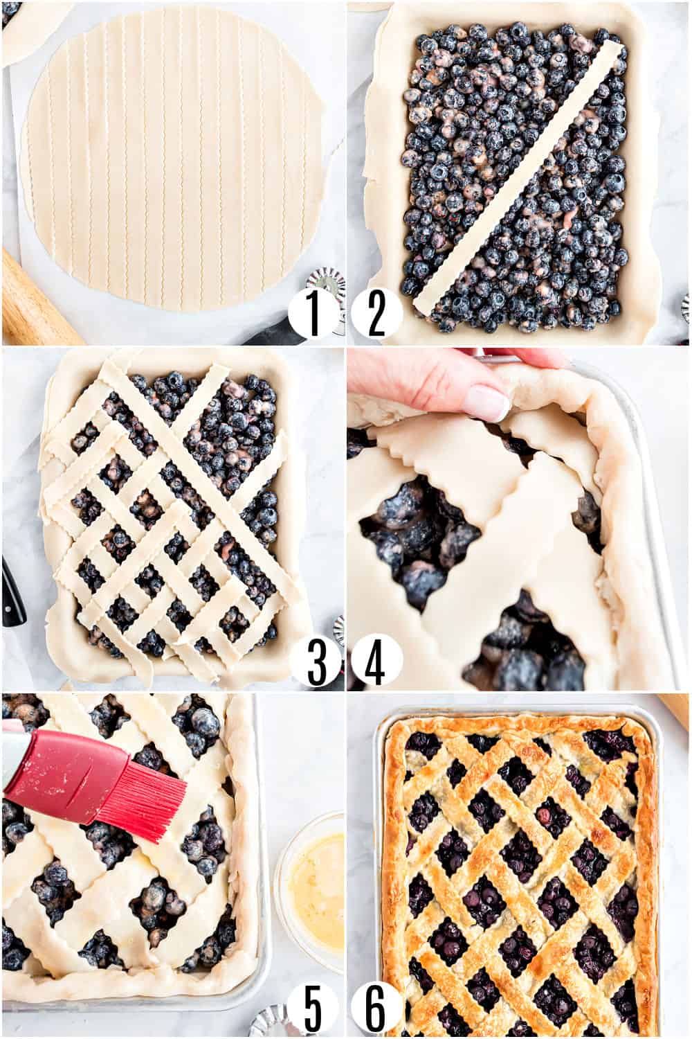 Step by step photos showing how to create a lattice pie crust for a slab pie.