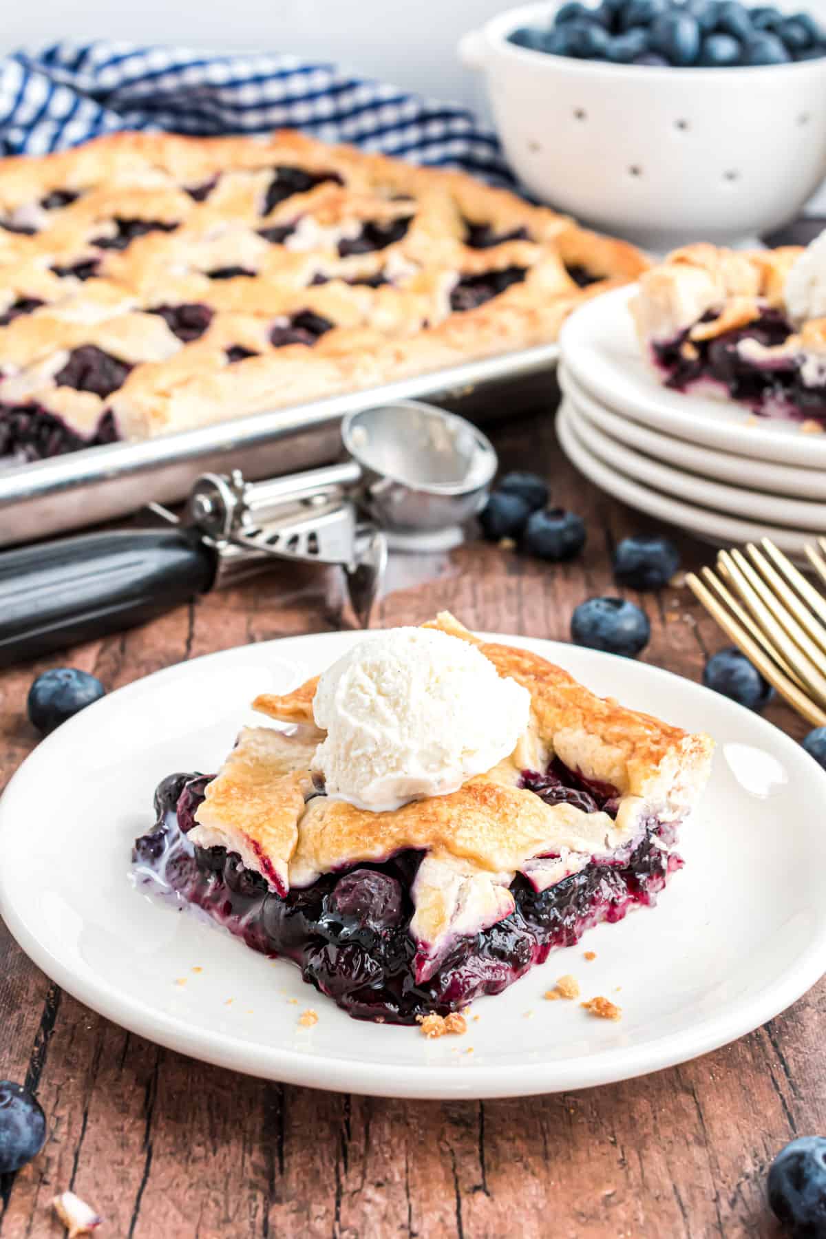 Slice of blueberry pie with vanilla ice cream.