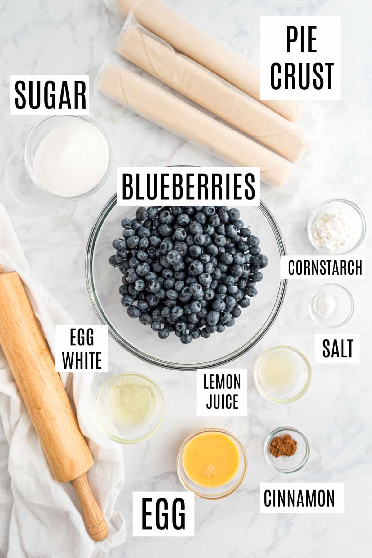 Ingredients needed to make blueberry slab pie.