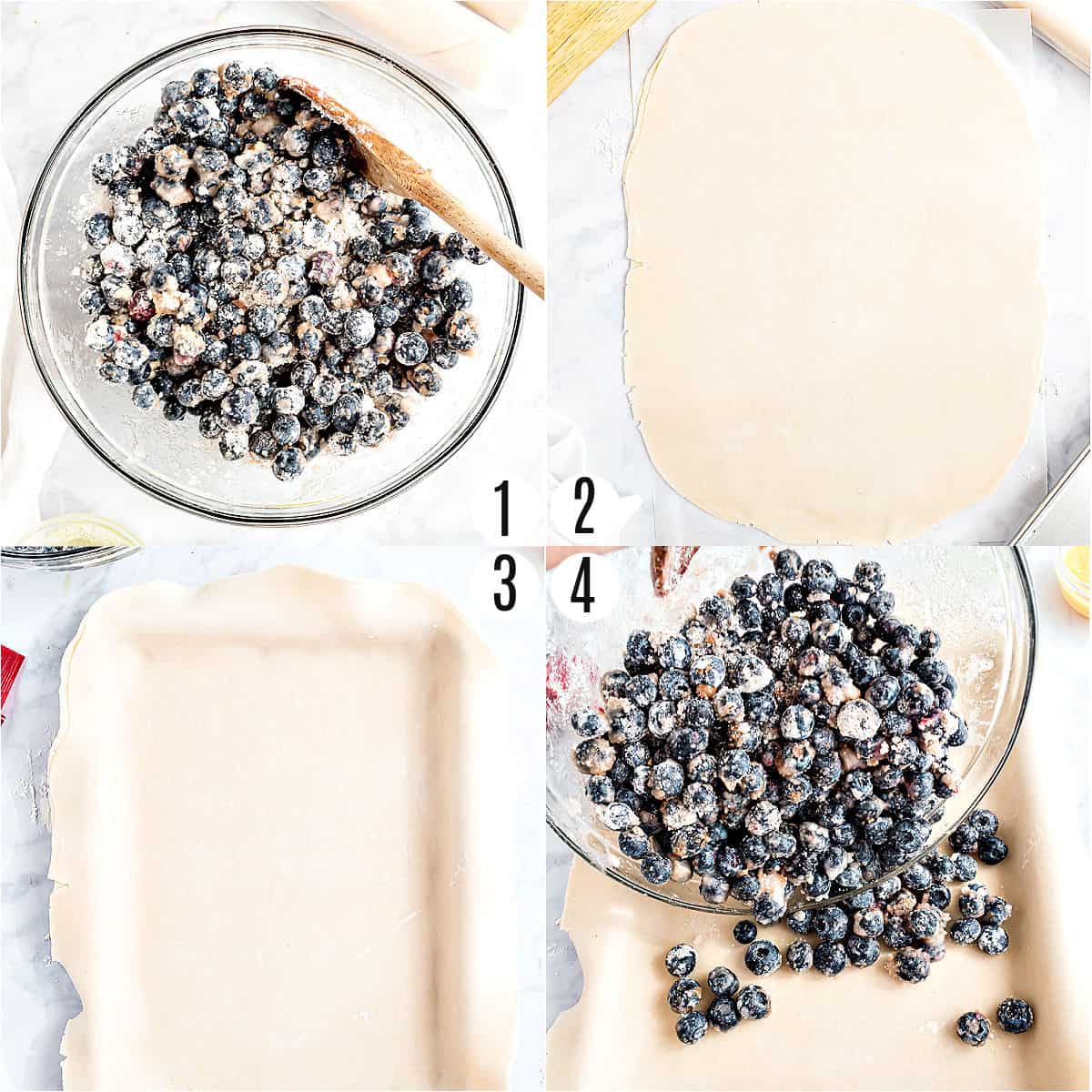 Step by step photos showing how to make blueberry pie filling.