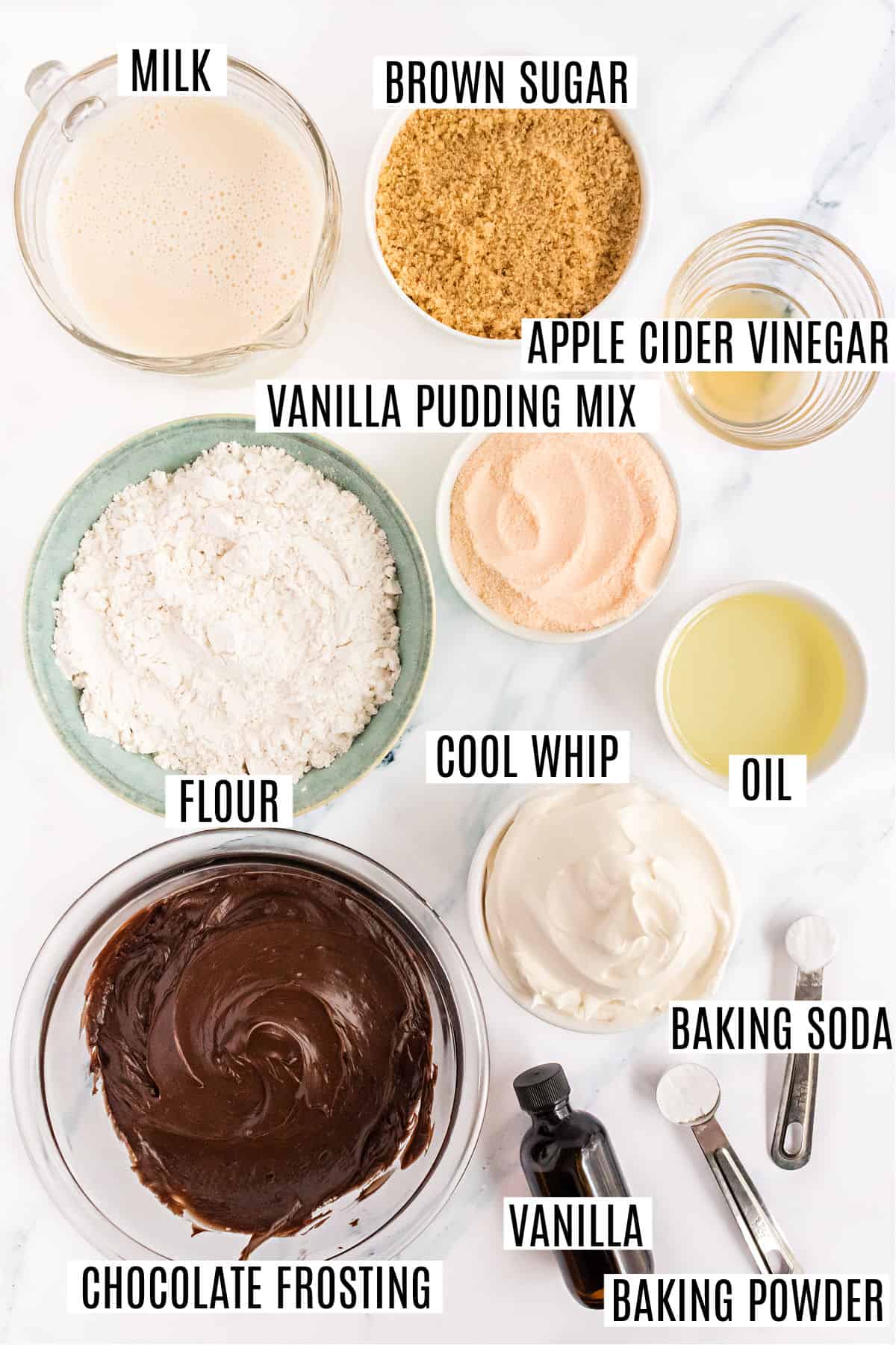 Ingredients needed to make boston cream cupcakes.
