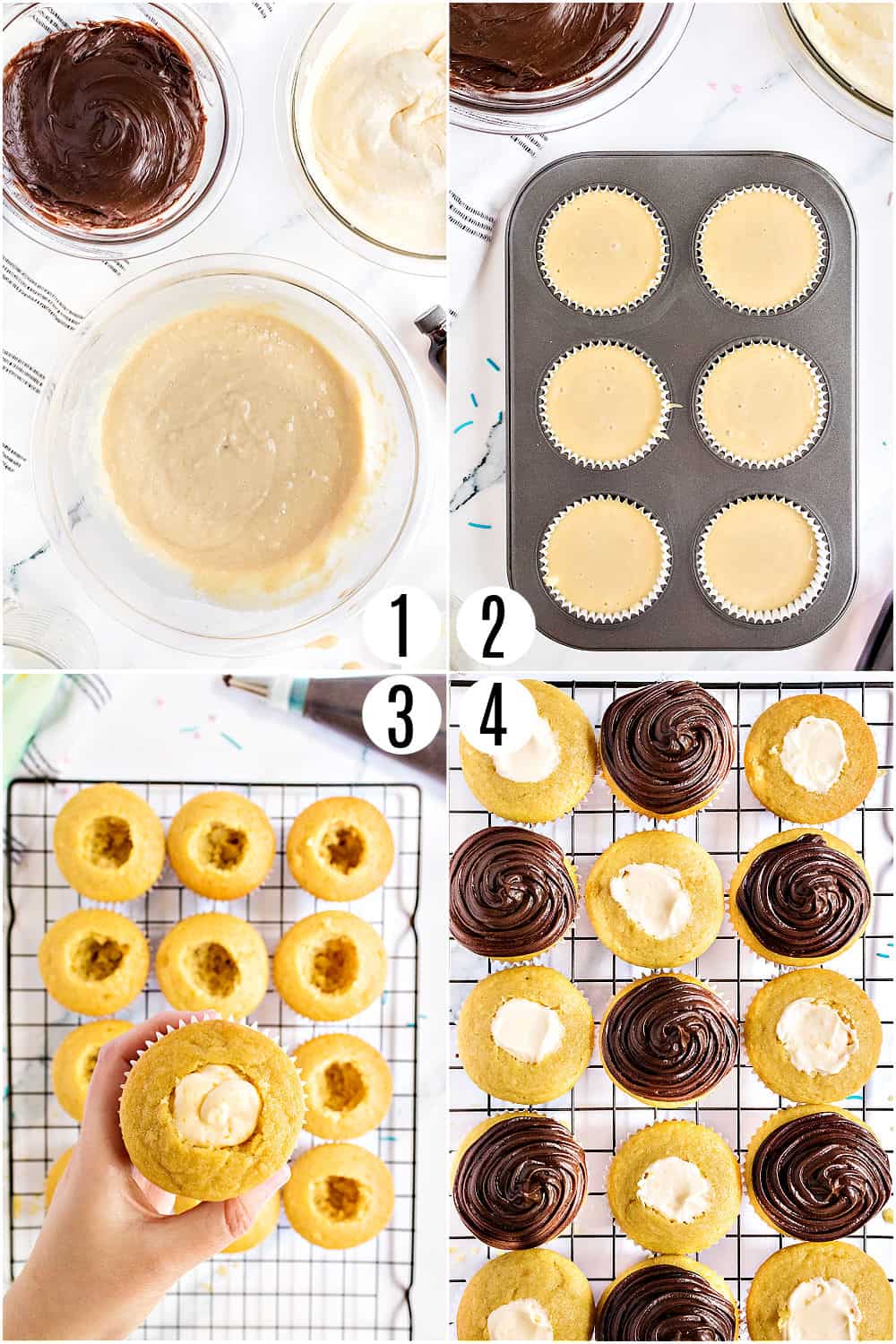 Step by step photos showing how to make boston cream cupcakes.