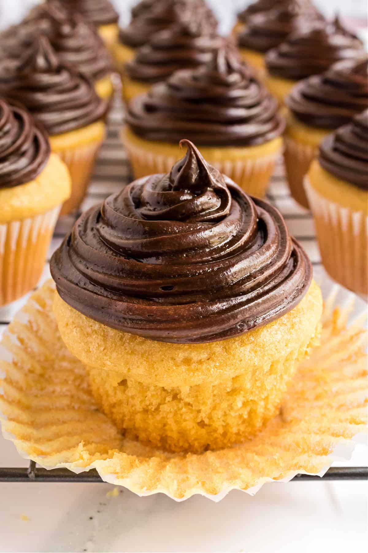 Yellow cupcake with a swirl of chocolate frosting.
