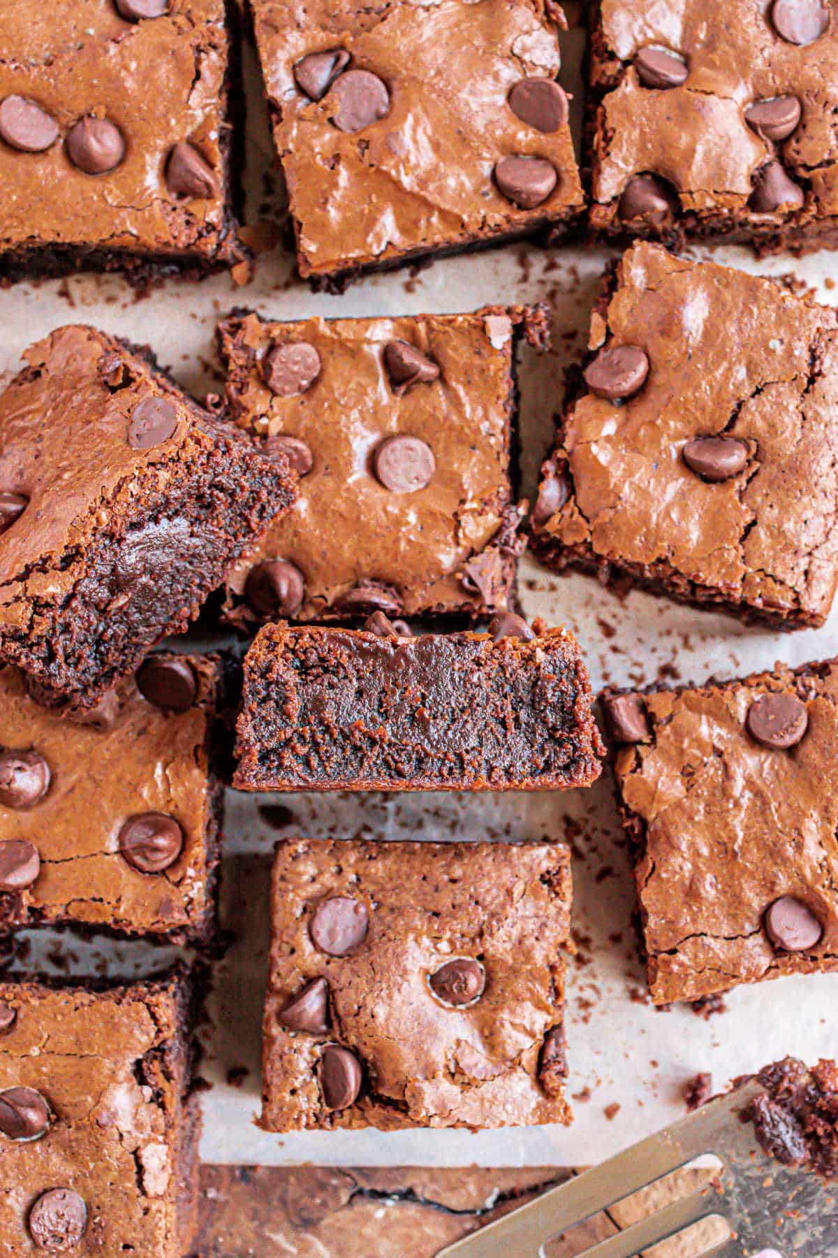 Chocolate chip brownies cut into squares on parchment paper.