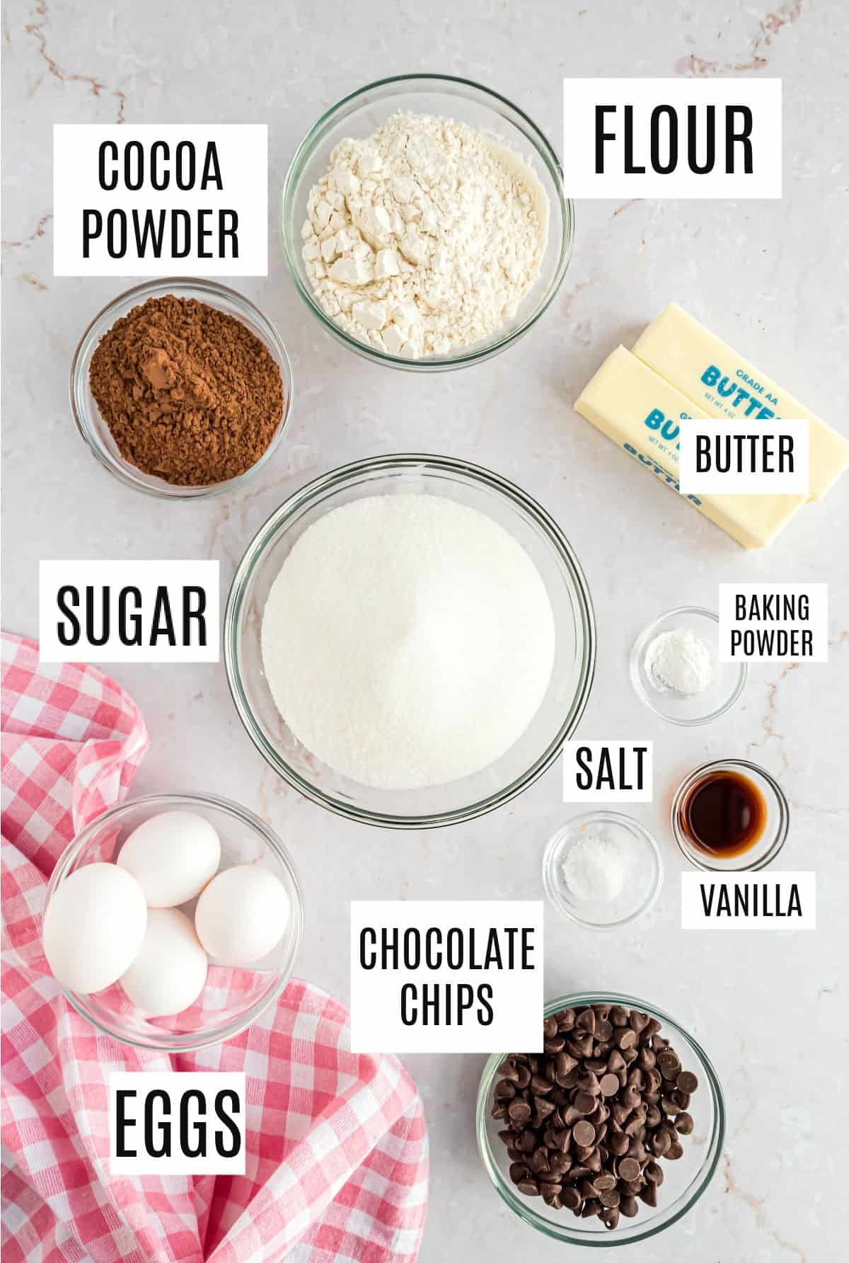 Ingredients needed to make chocolate chip brownies.