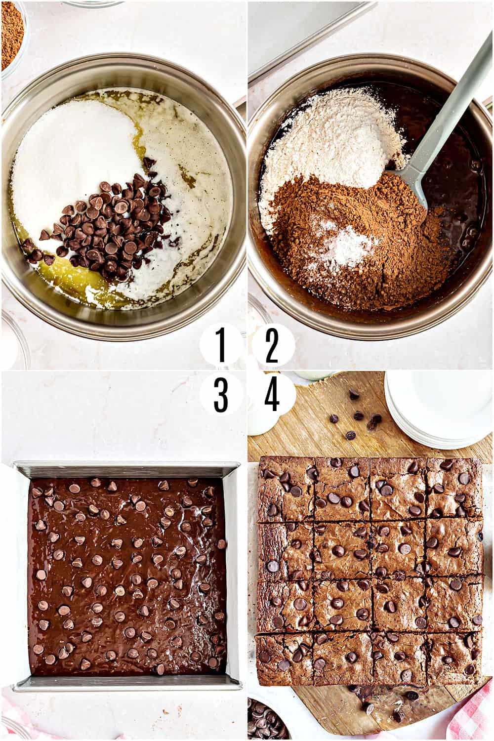 Step by step photos showing how to make brownies with chocolate chips.