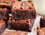 Rich, chewy Chocolate Chip Brownies made with melted chocolate and cocoa powder. Top them with extra chocolate chips just before baking, and they’re sure to satisfy the most intense cocoa craving!