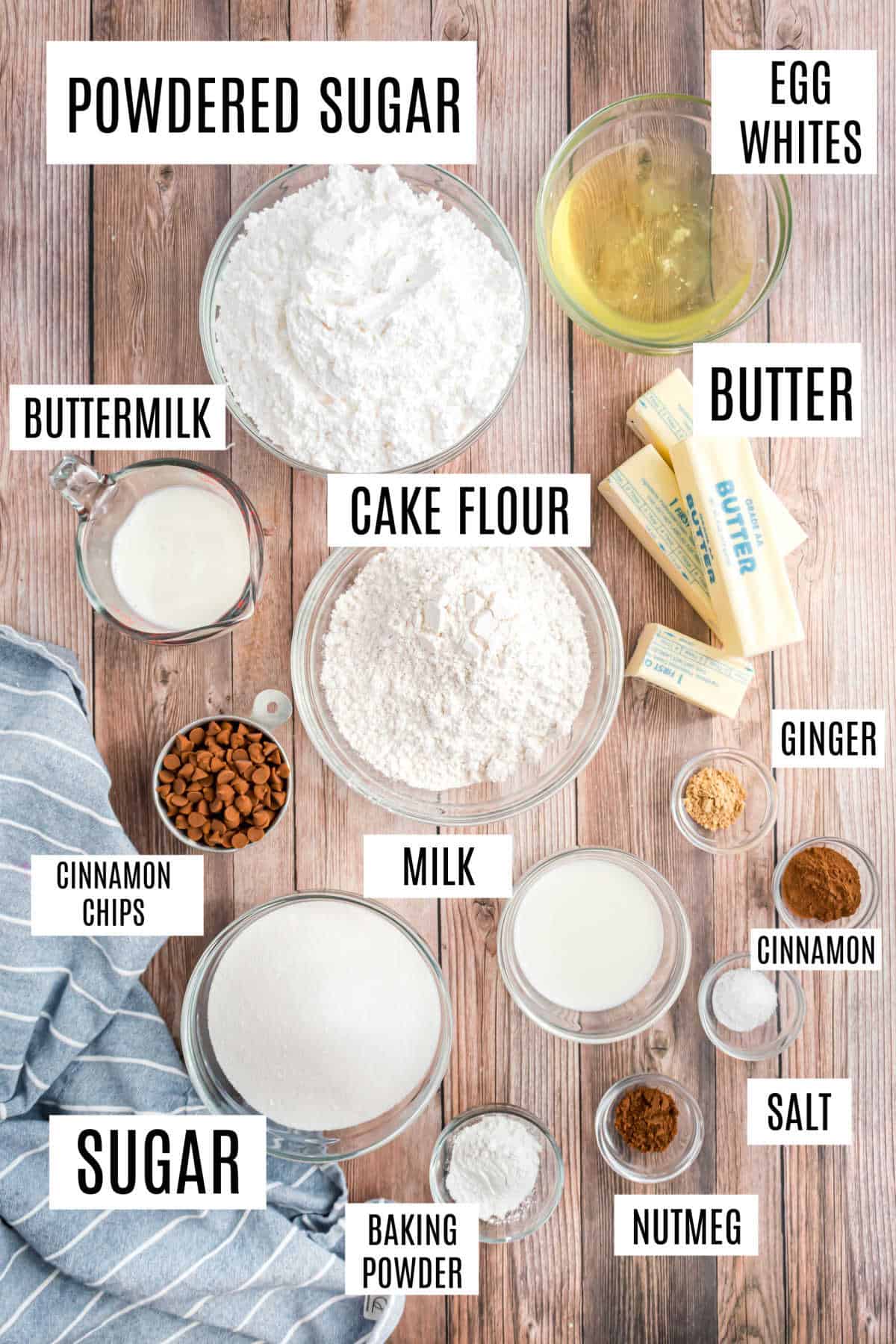 Ingredients needed to make cinnamon spice cake in a 13x9 baking dish.