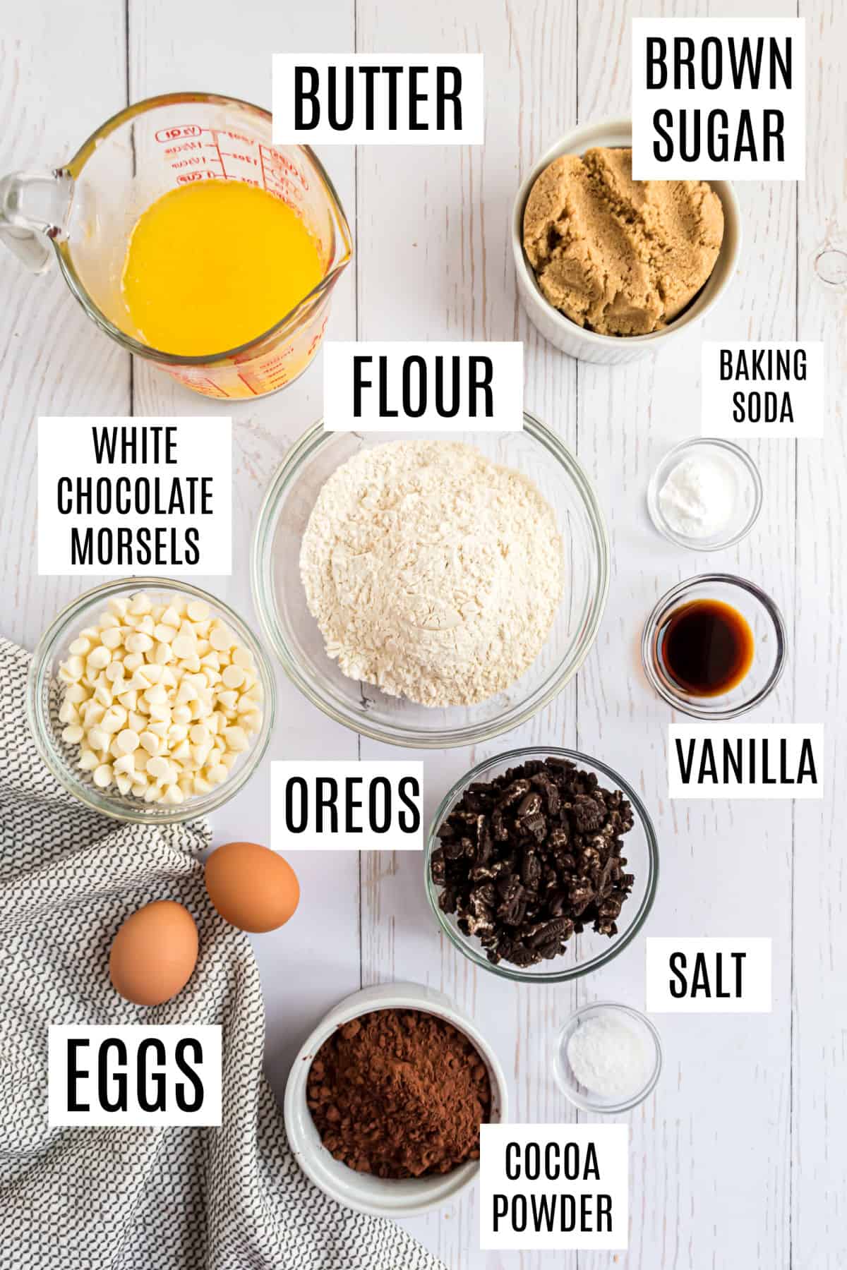 Ingredients needed to make cookies and cream cookies.