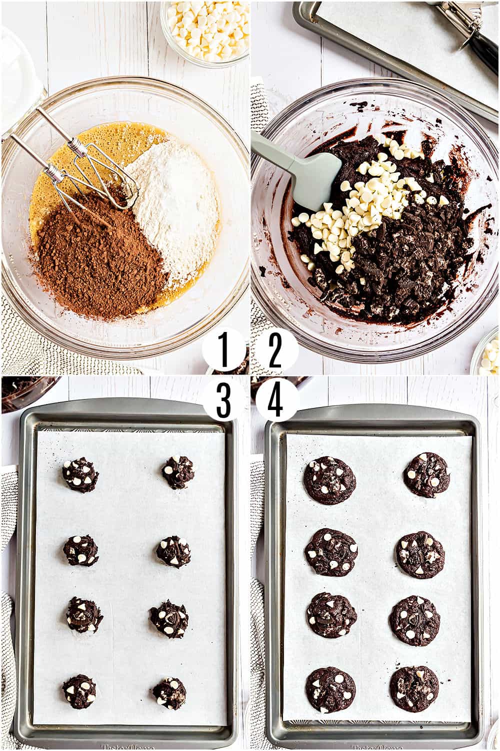 Step by step photos showing how to make cookies and cream cookies.