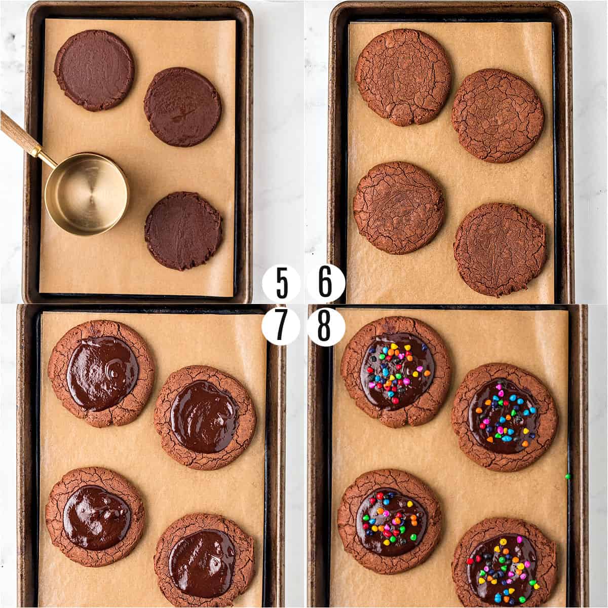 Step by step photos showing how to assemble cosmic brownie cookies.