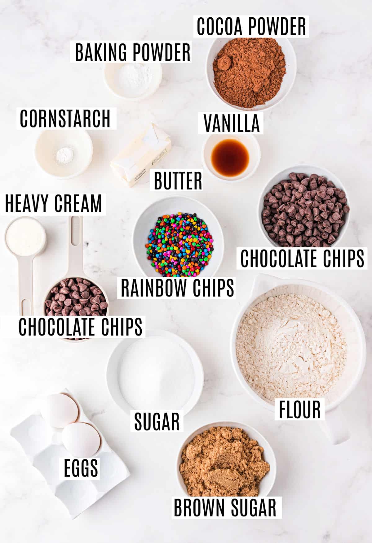 Ingredients needed to make cosmic brownie cookies.
