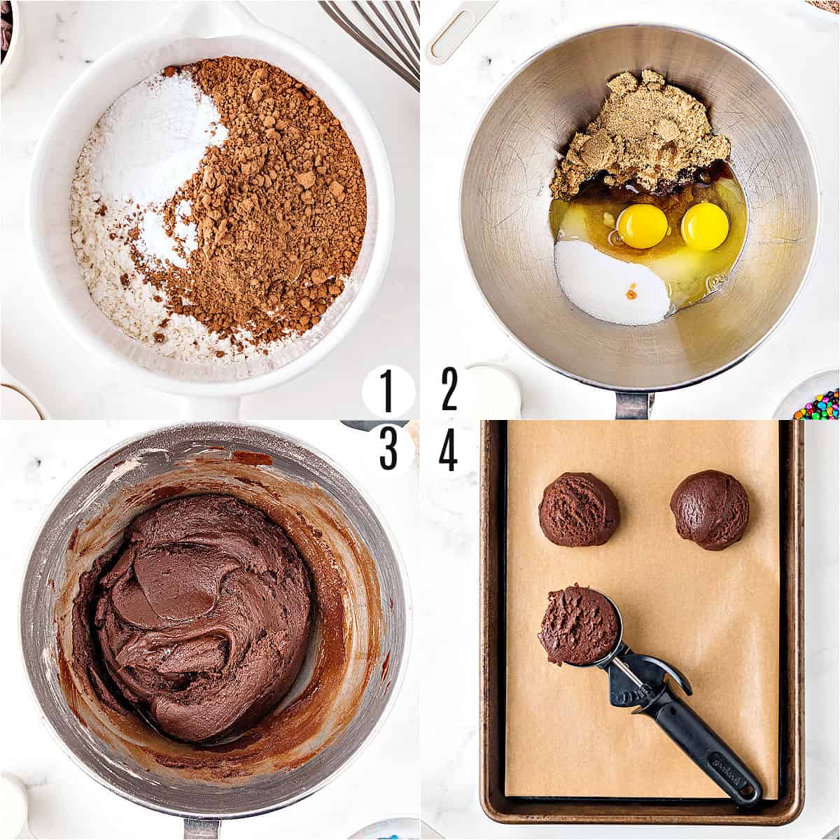 Step by step photos showing how to make cosmic brownie cookie dough.