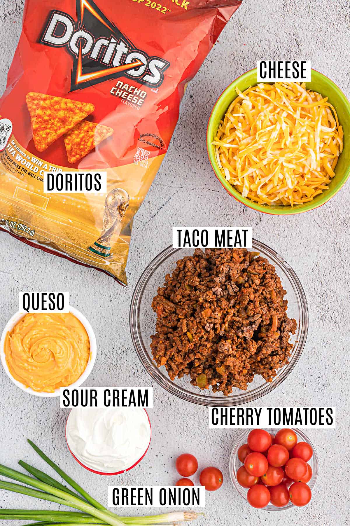Ingredients needed to make Doritos casserole.