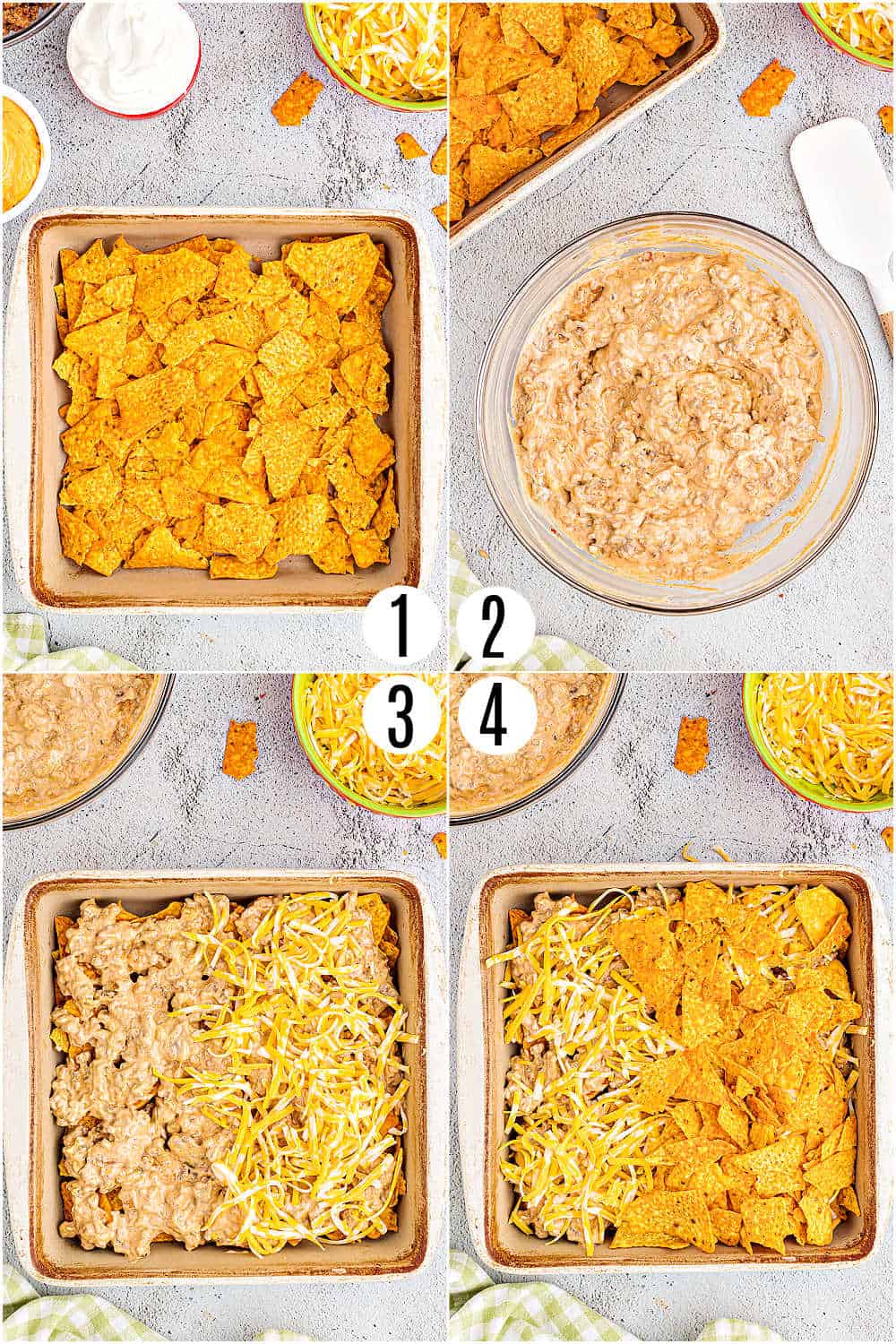 Step by step photos showing how to make Doritos casserole.