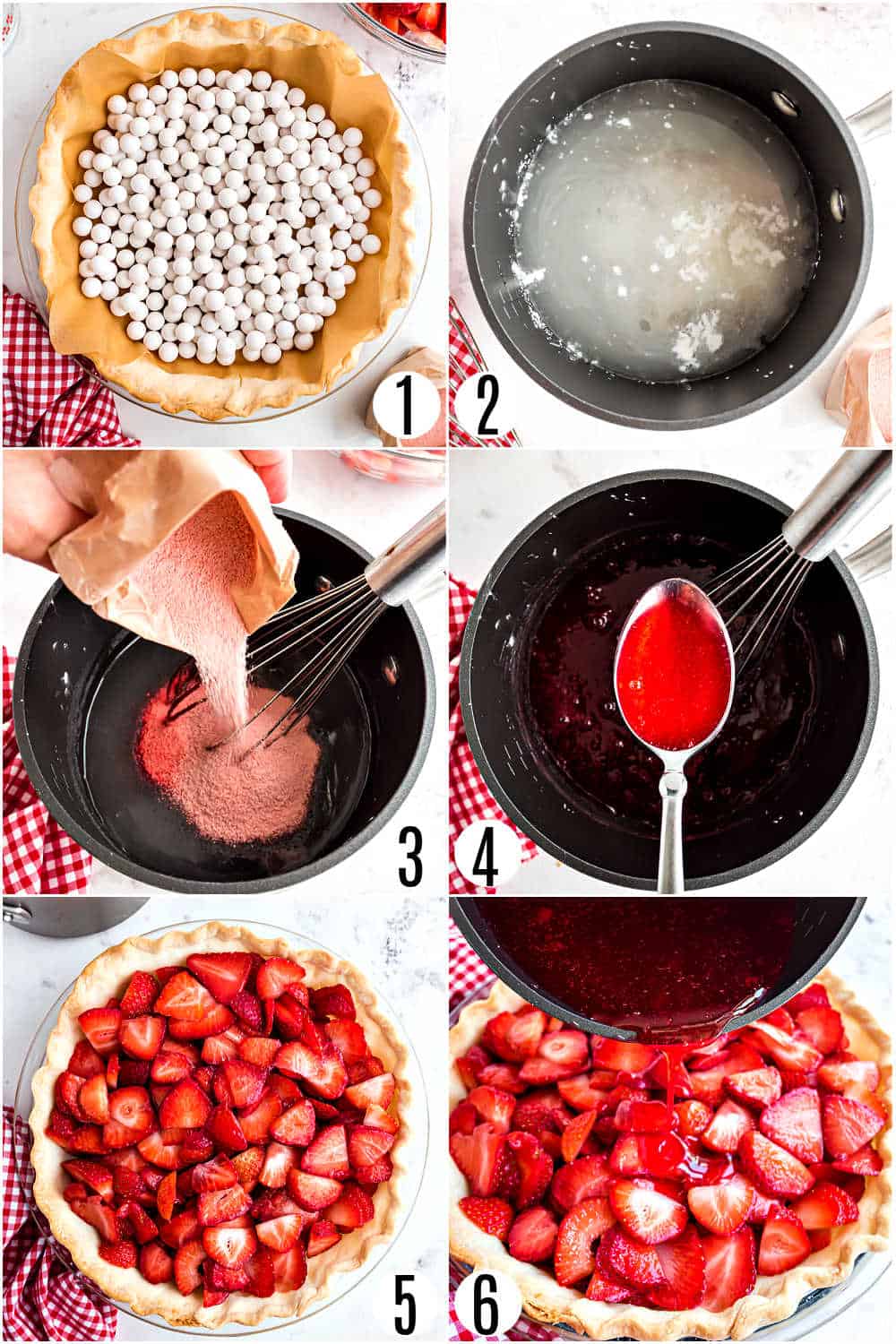 Step by step photos showing how to make strawberry pie.