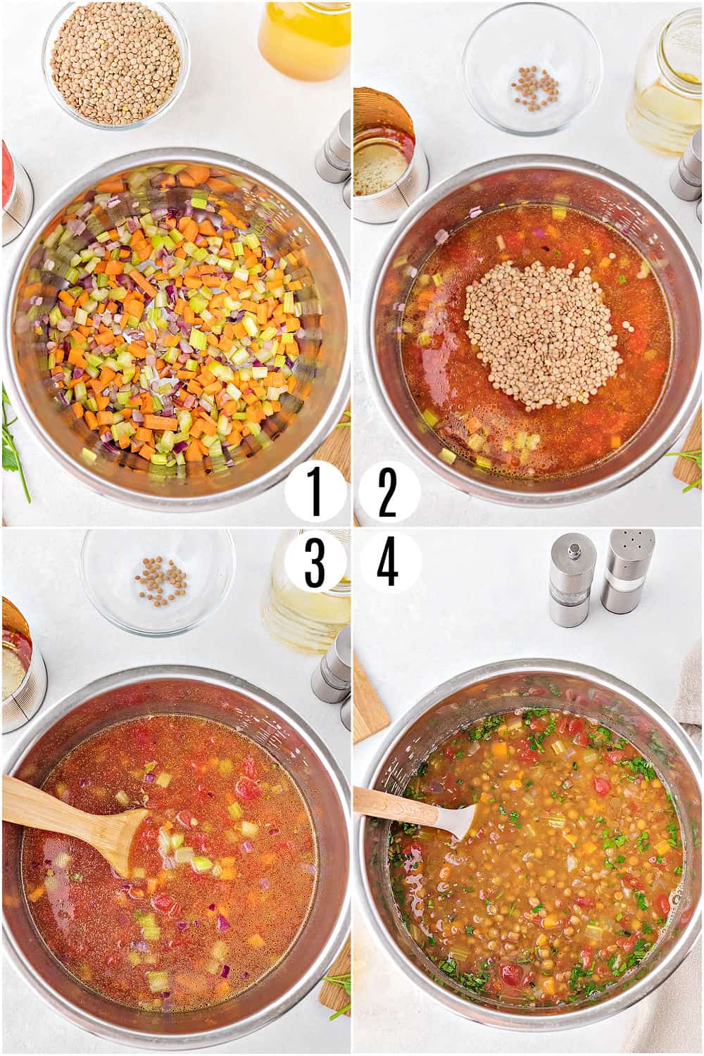 Step by step photos showing how to make lentil soup in the Instant Pot.
