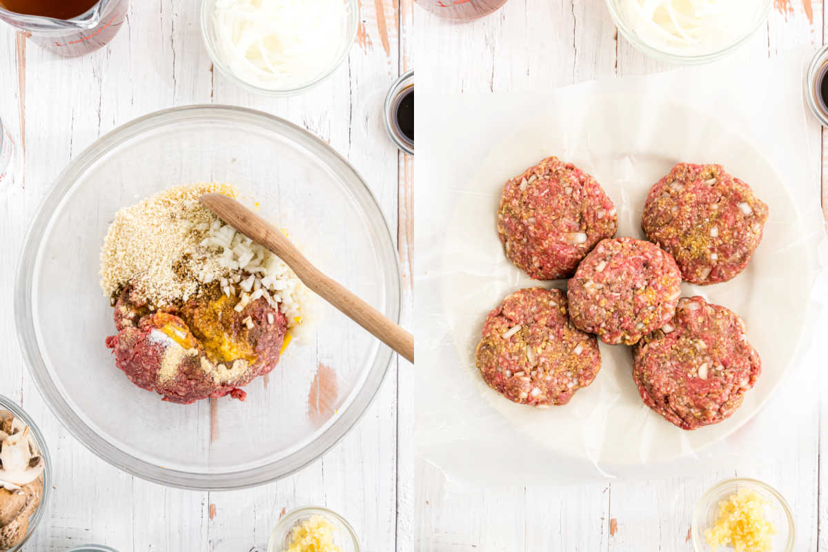 Left: Mixing burger ingredients in a bowl. Right: Five raw burger patties on parchment paper, perfect for making instant pot salisbury steak.
