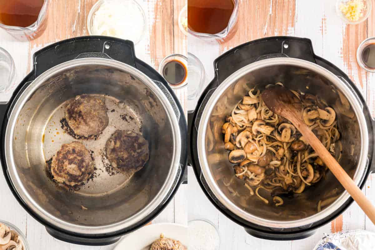 Split image: Left shows browned instant pot salisbury steak patties in an Instant Pot; right shows mushrooms and onions sautéing together in the same pot.