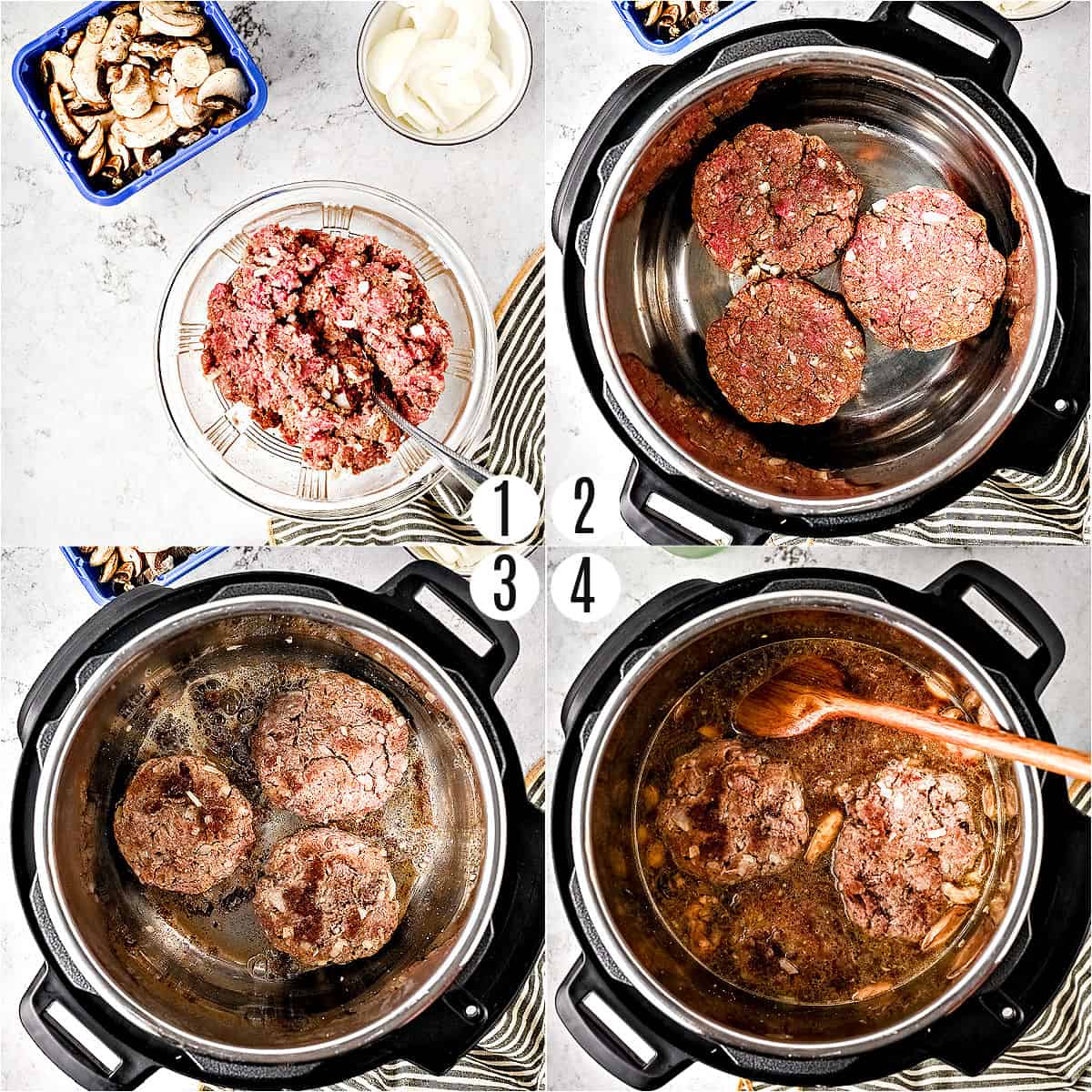 Step by step photos showing how to make salisbury steak in the pressure cooker.