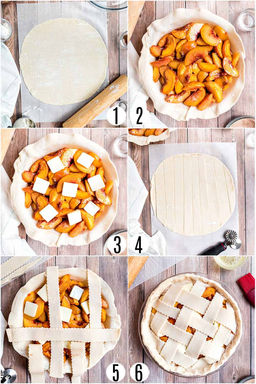 Step by step photos showing how to make peach pie with a lattice pie crust.