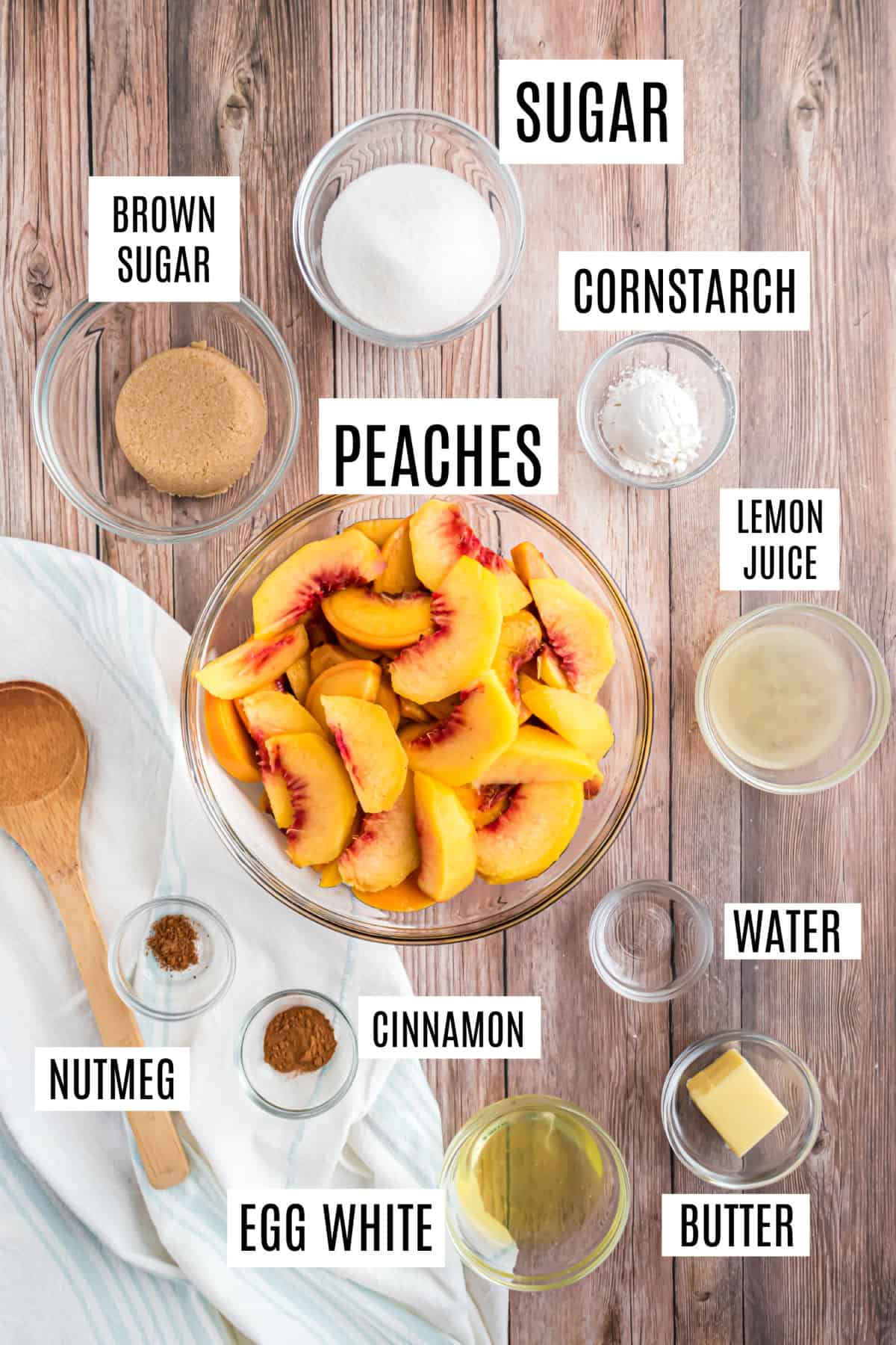 Ingredients needed to make peach pie from scratch.