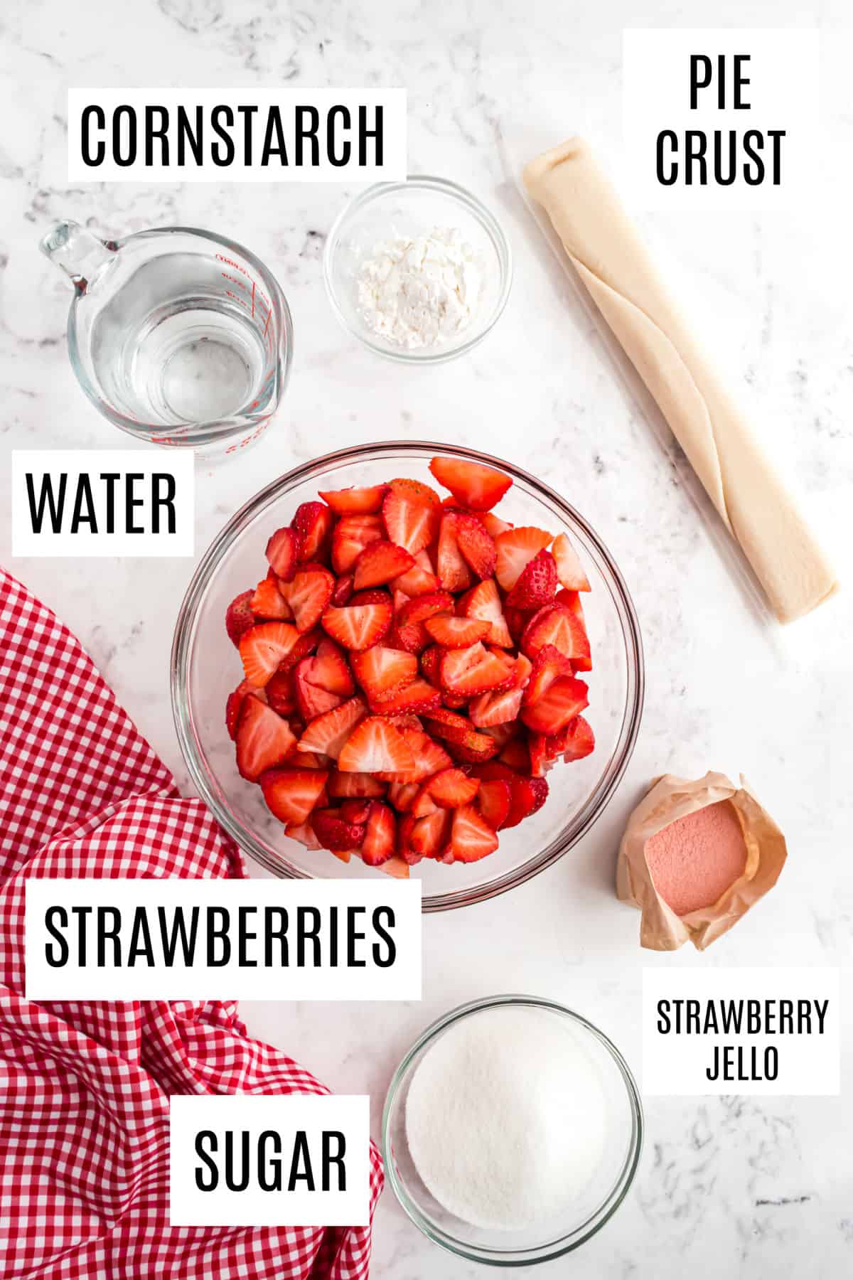 Ingredients needed to make strawberry pie.