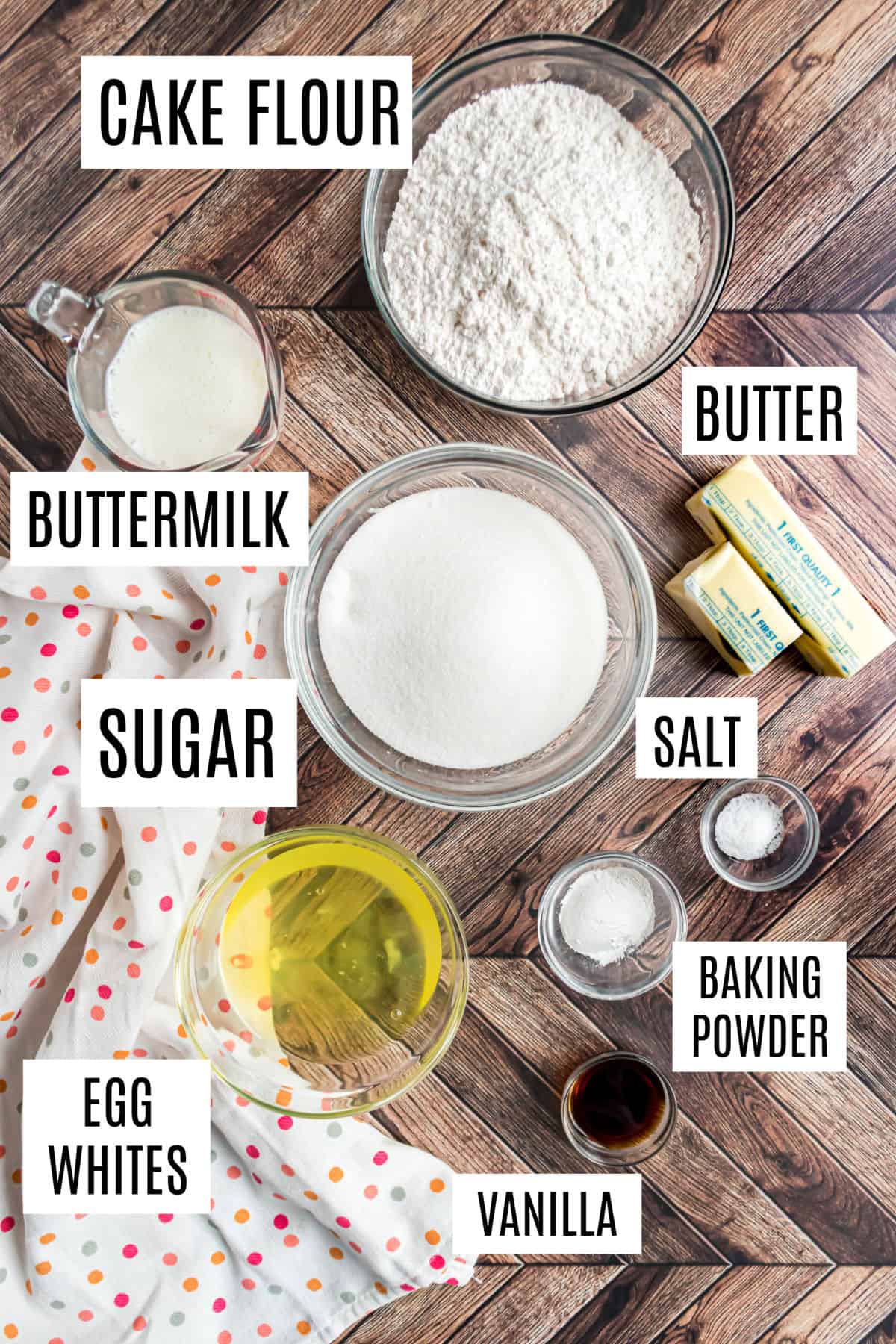 Ingredients needed to make white cake from scratch.