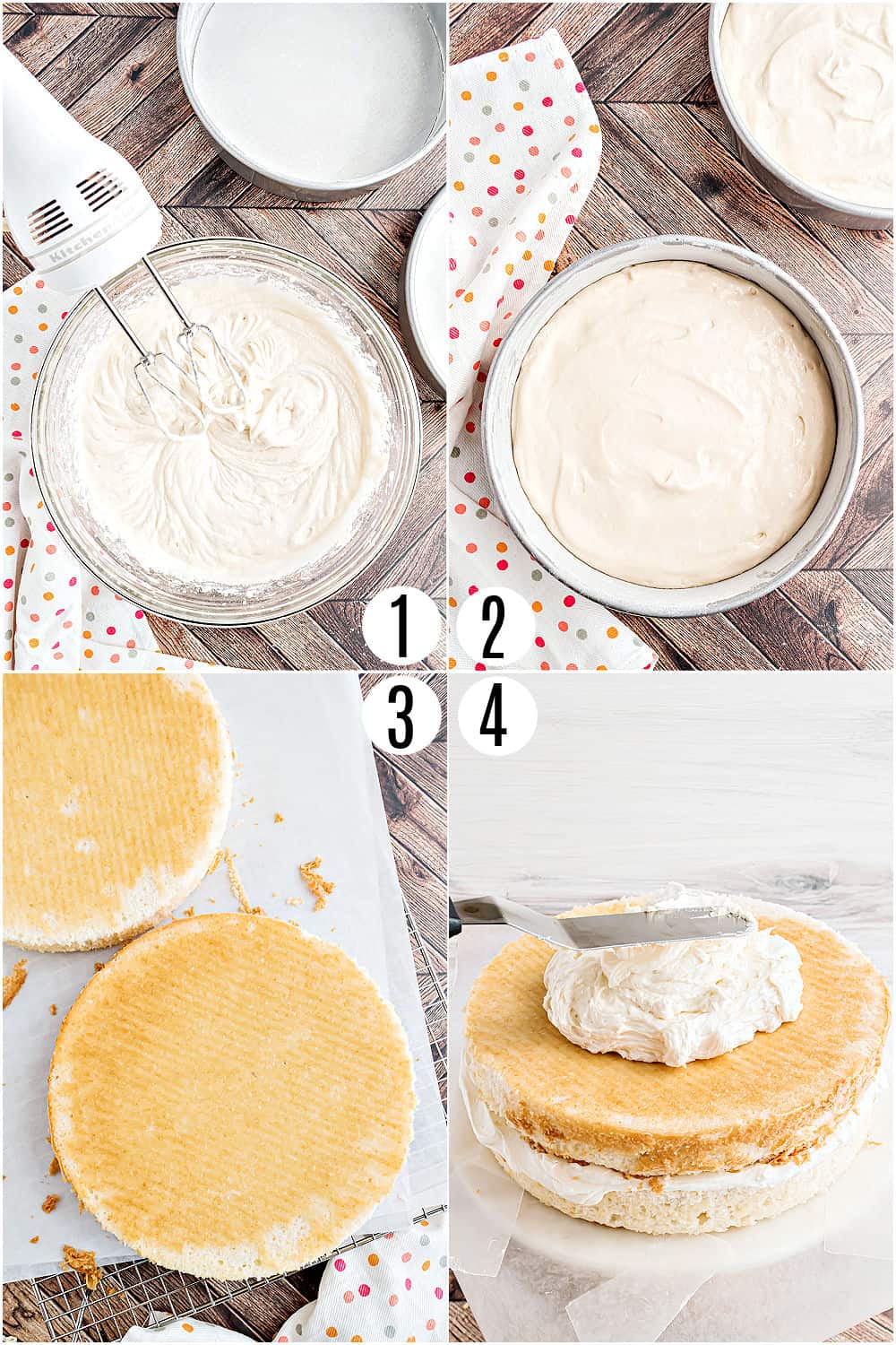 Step by step photos showing how to make white cake.
