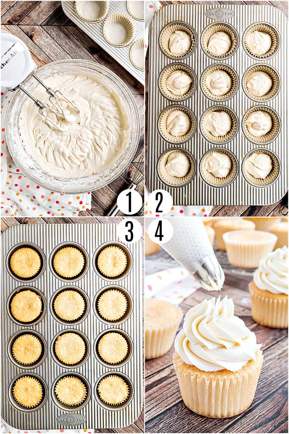 Step by step photos showing how to make white cupcakes.