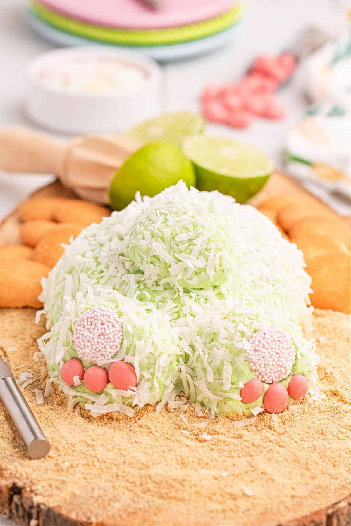 Cheese ball shaped like a bunny butt and covered in coconut.