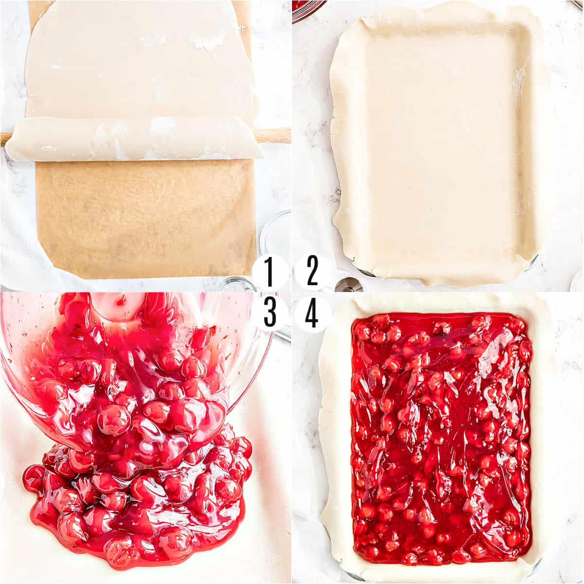 Step by step photos showing how to make cherry pie filling.