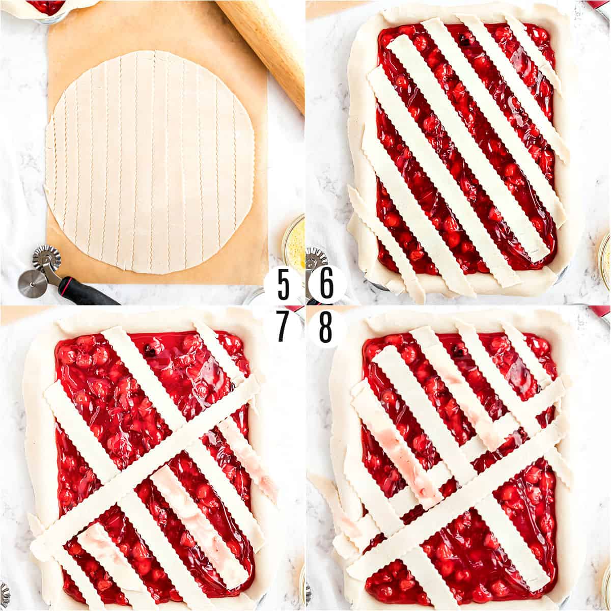 Step by step photos showing how to make a lattice topping for sheet pan pie.