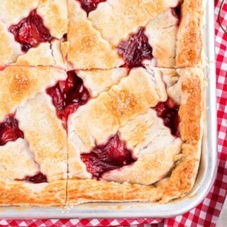 This simple Cherry Slab Pie packs a ton of fruity flavor with minimal effort. The lattice crust topping creates a gorgeous, easy-to-cut dessert you’ll want to show off at your next potluck!