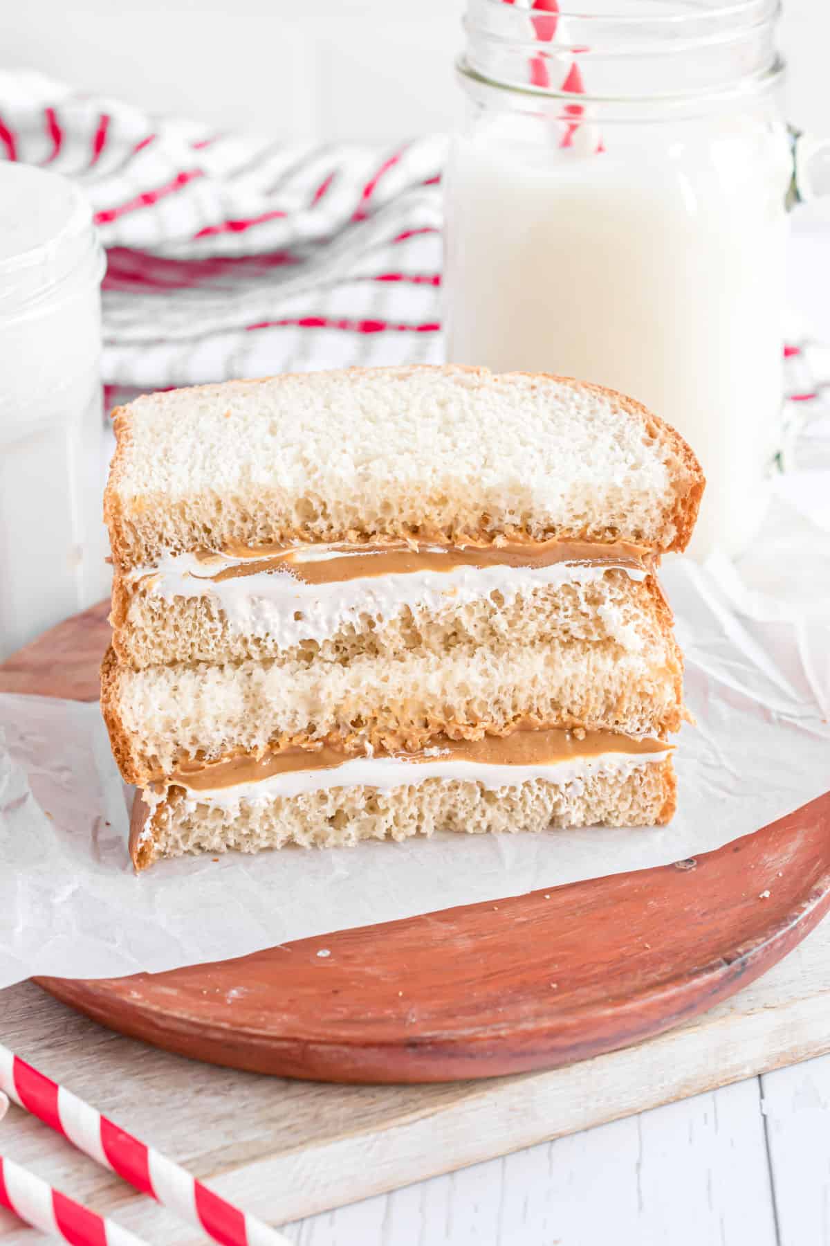 Fluffernutter sandwich cut in half.