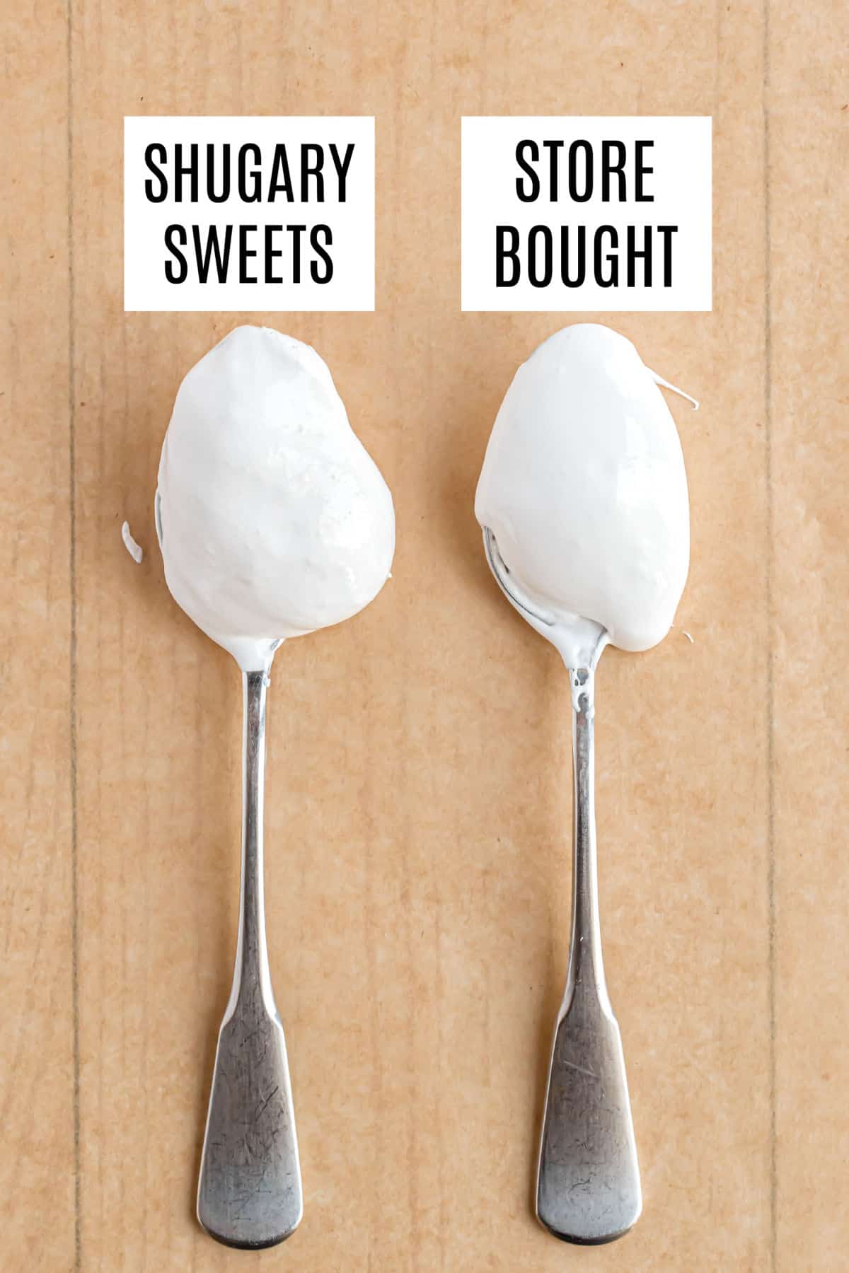 Two spoons comparing homemade marshmallow cream and store bought Fluff.