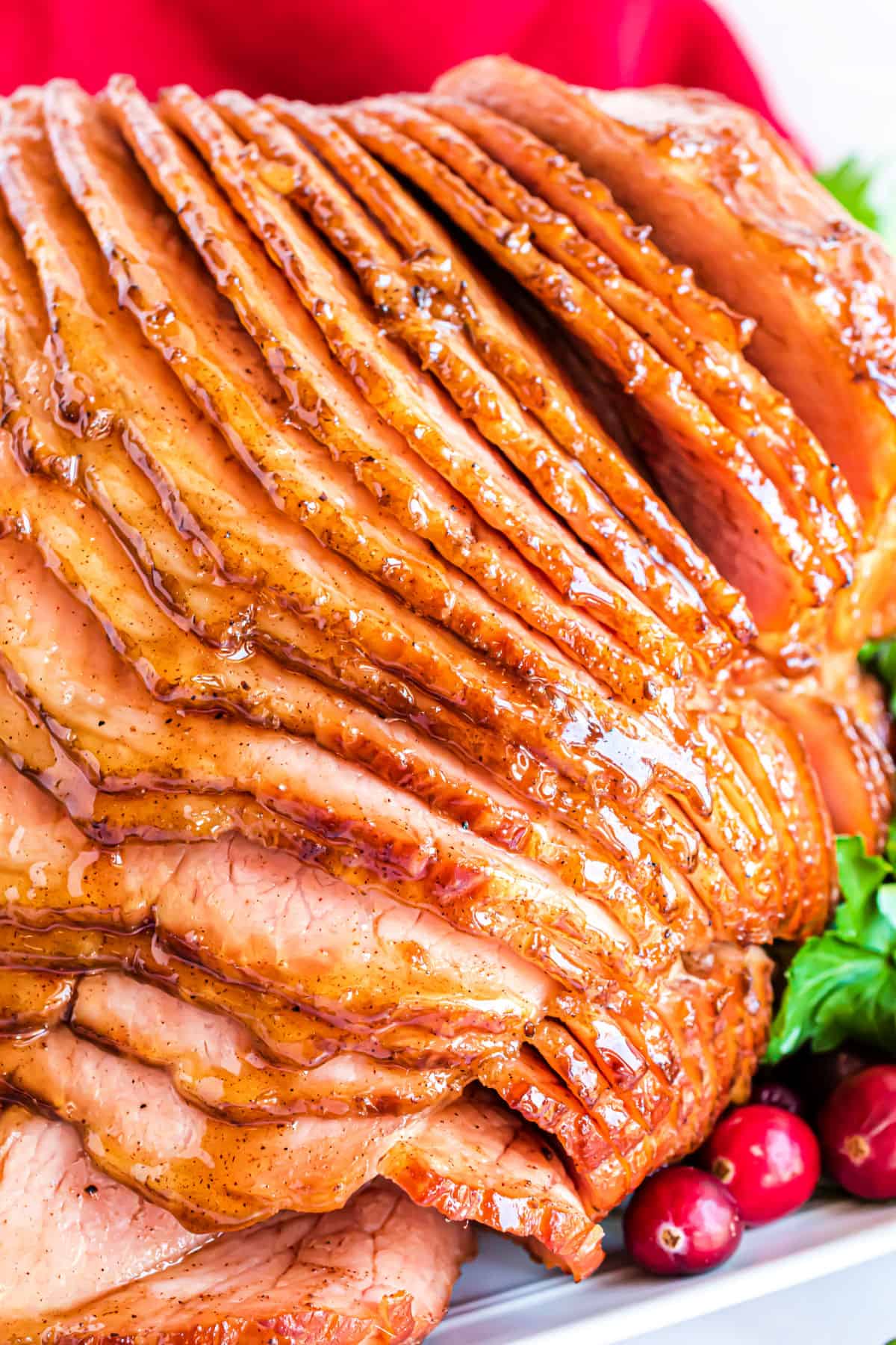 Spiral sliced baked ham with a brown sugar glaze.