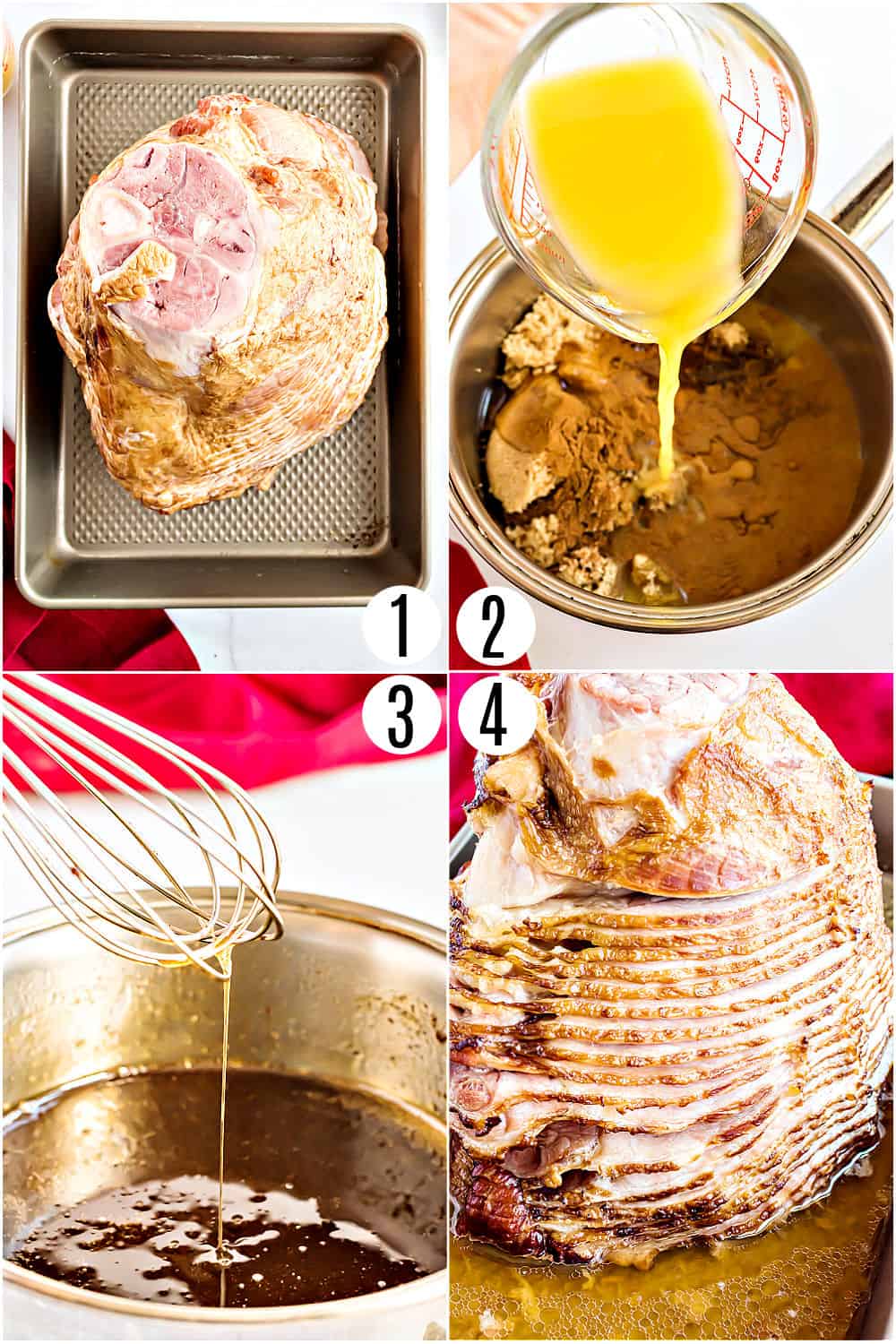 Step by step photos showing how to bake a ham in the oven with a brown sugar glaze.