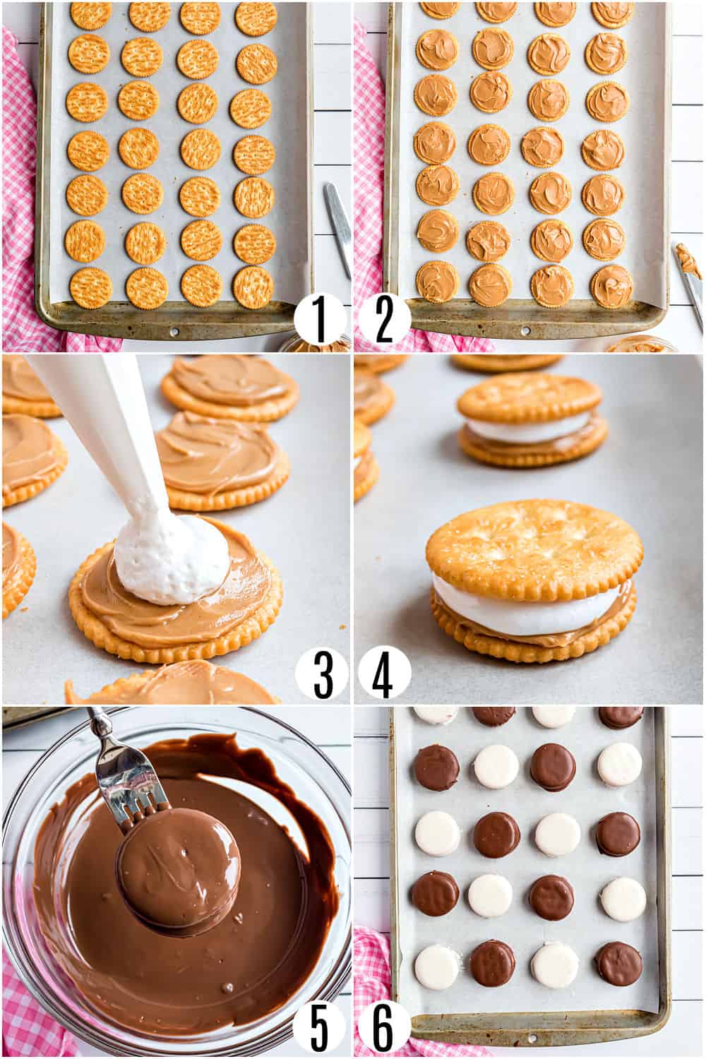 Step by step photos showing how to make chocolate covered ritz.