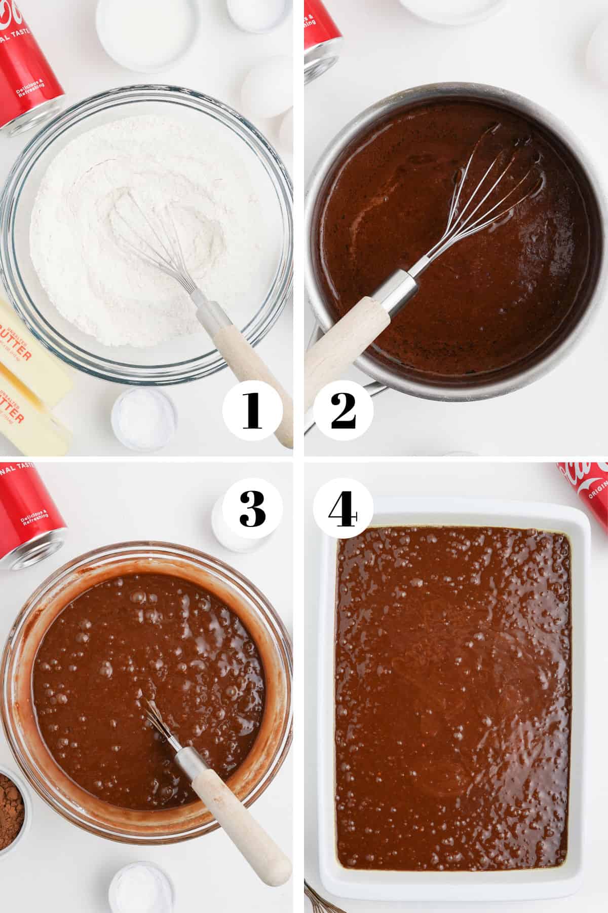 Step by step photos showing how to make coca cola cake.