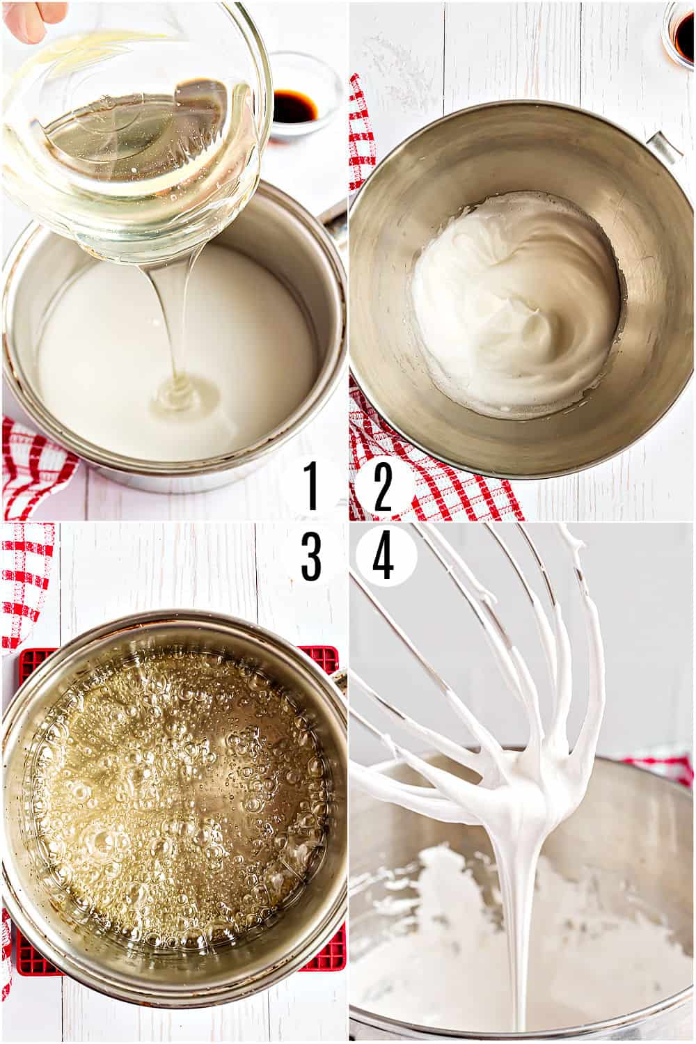 Step by step photos showing how to make marshmallow cream.