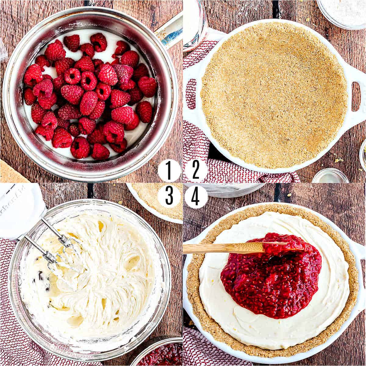 Step by step photos showing how to make raspberry cheesecake.