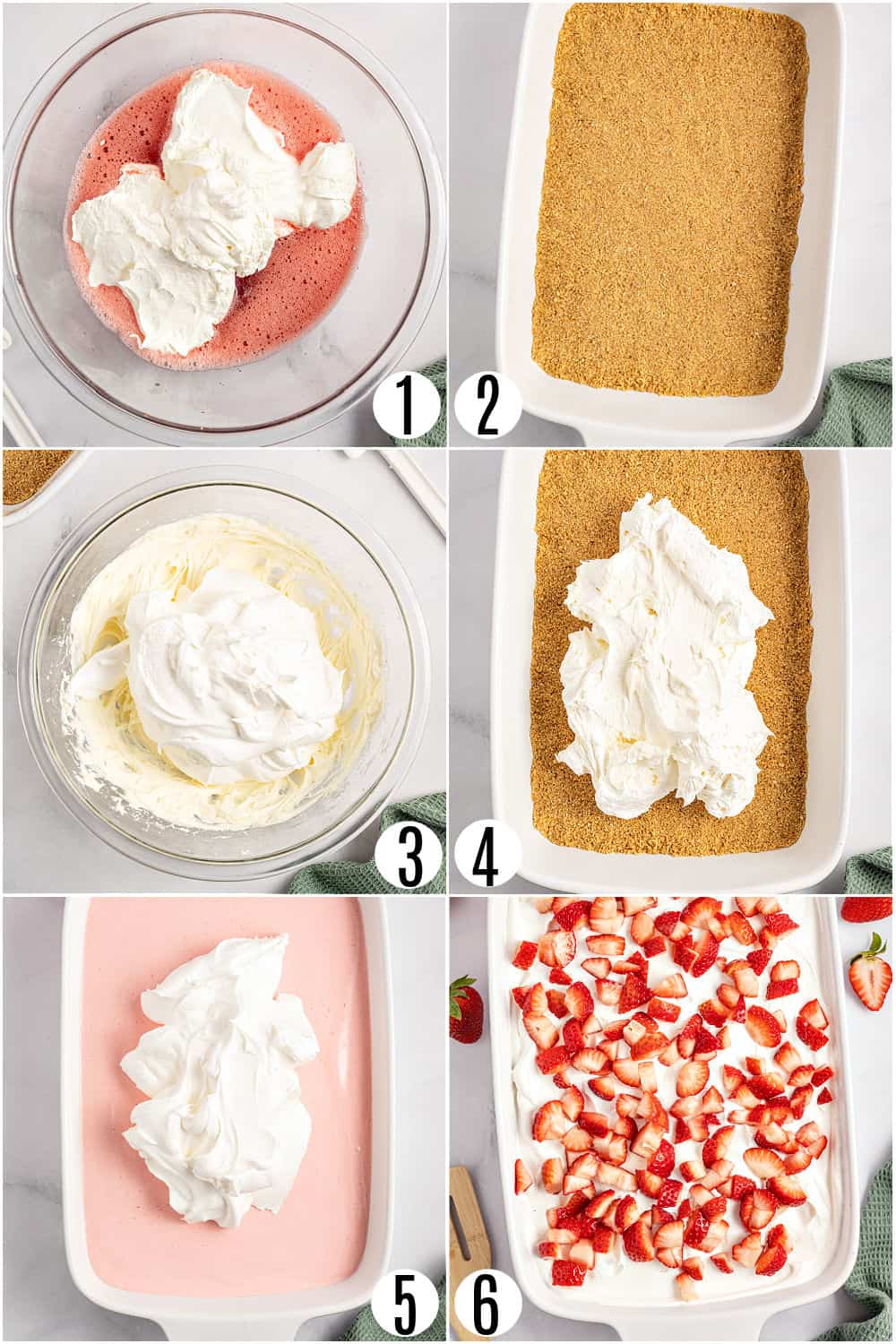 Step by step photos showing how to make strawberry lasagna.