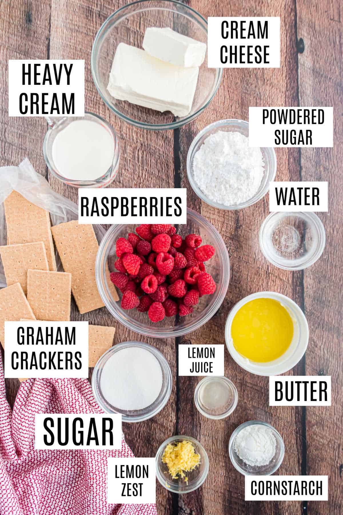 Ingredients needed to make raspberry cheesecake.