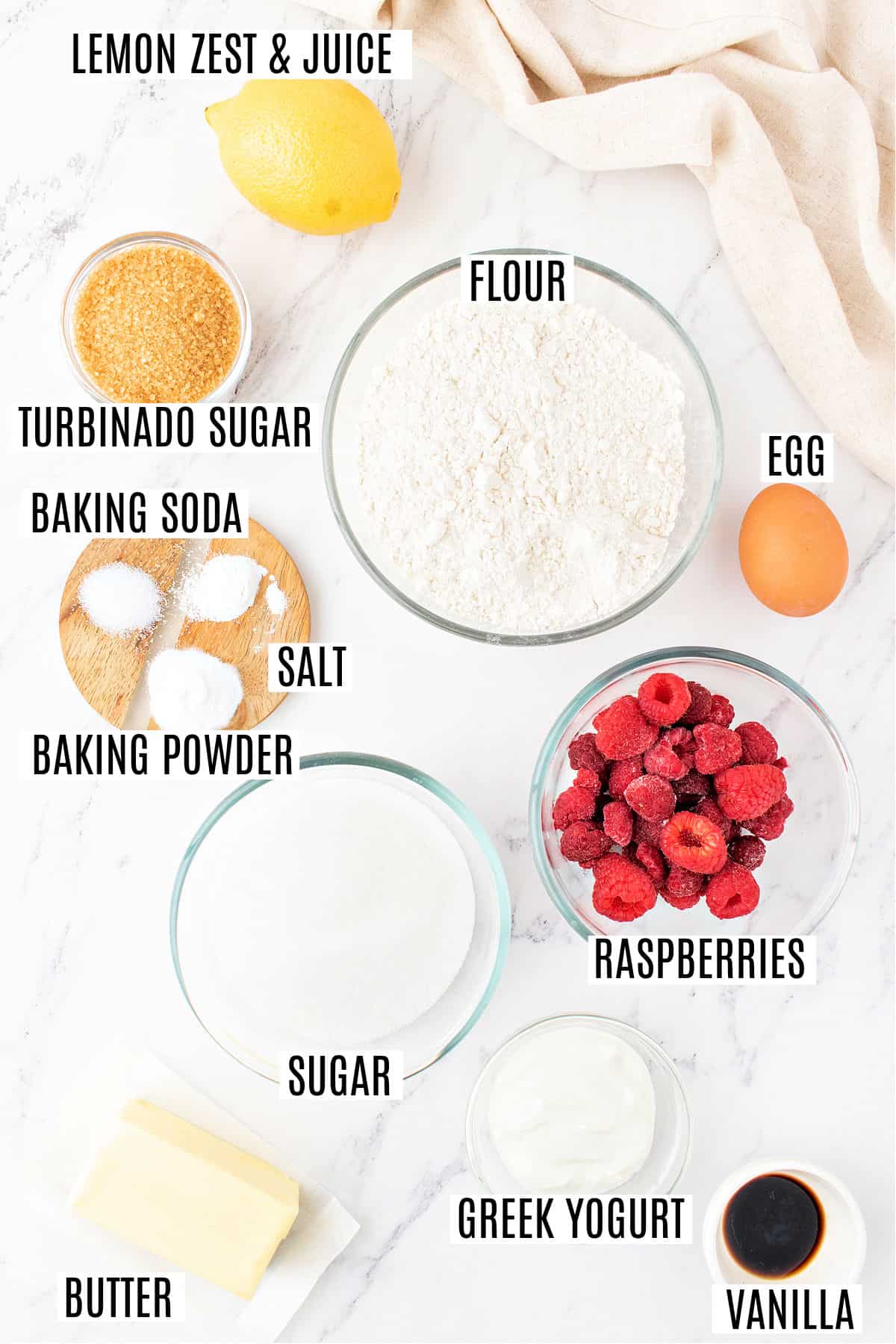 Ingredients needed to make raspberry lemonade cookies.