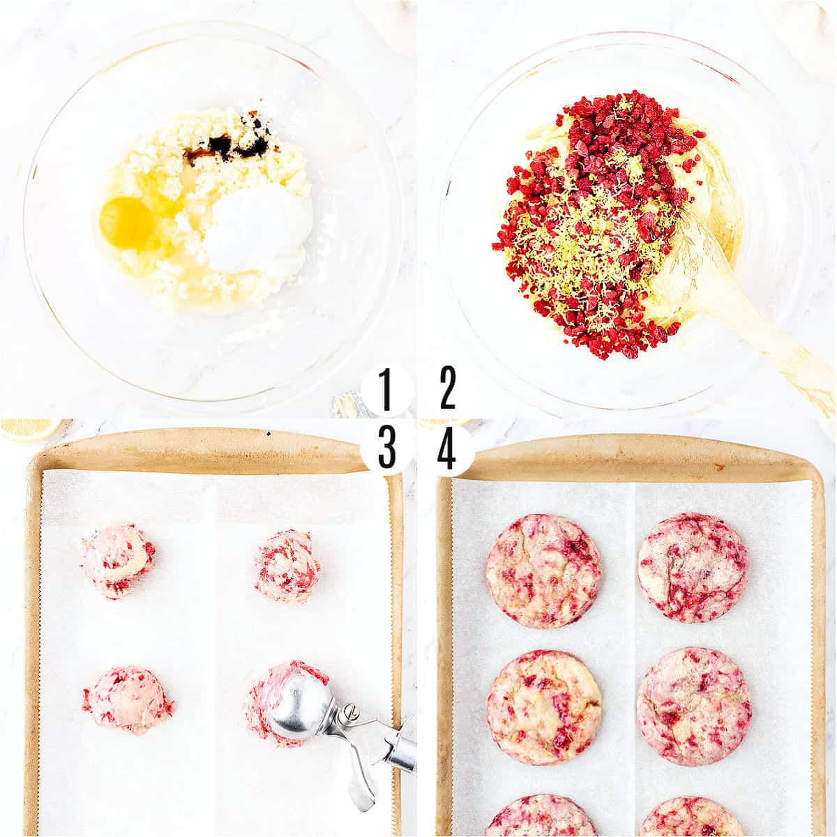 Step by step photos showing how to make raspberry lemonade cookies.